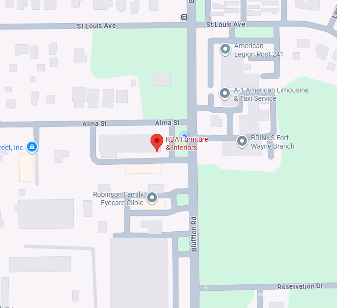 Map showing locations including KDA Furniture & Interiors, Robinson Family Eyecare Clinic, American Legion Post 241, A-1 American Limousine & Taxi Service, and BRINKS Fort Wayne Branch, with street names St Louis Ave, Alma St, Bluffton Rd, and Reservation Dr.