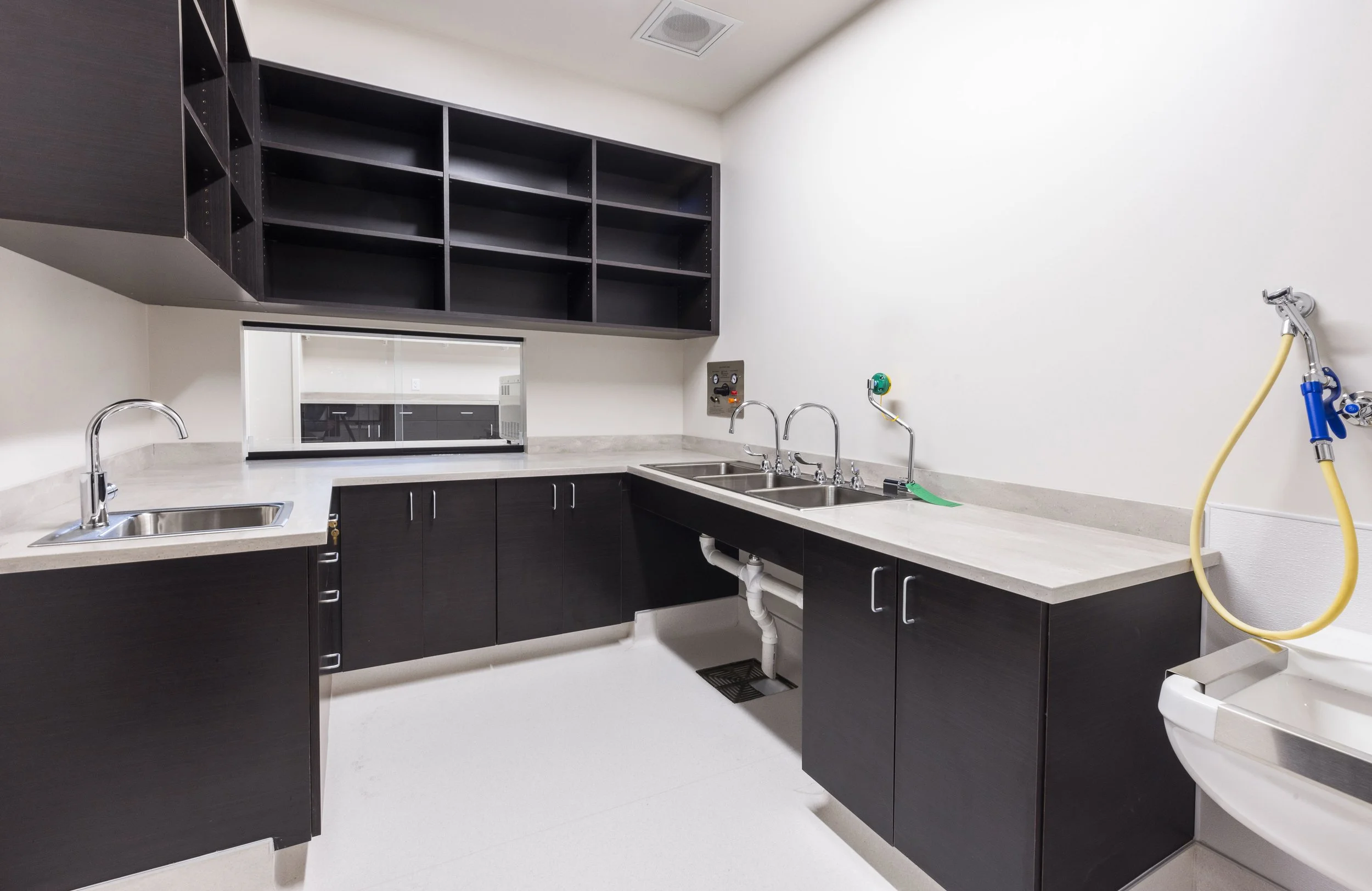 A clean medical or laboratory kitchenette with black cabinets, white countertop, multiple sinks, and some equipment including a water faucet, yellow hose, and cleaning supplies. Open shelves are mounted on the wall above the counter.