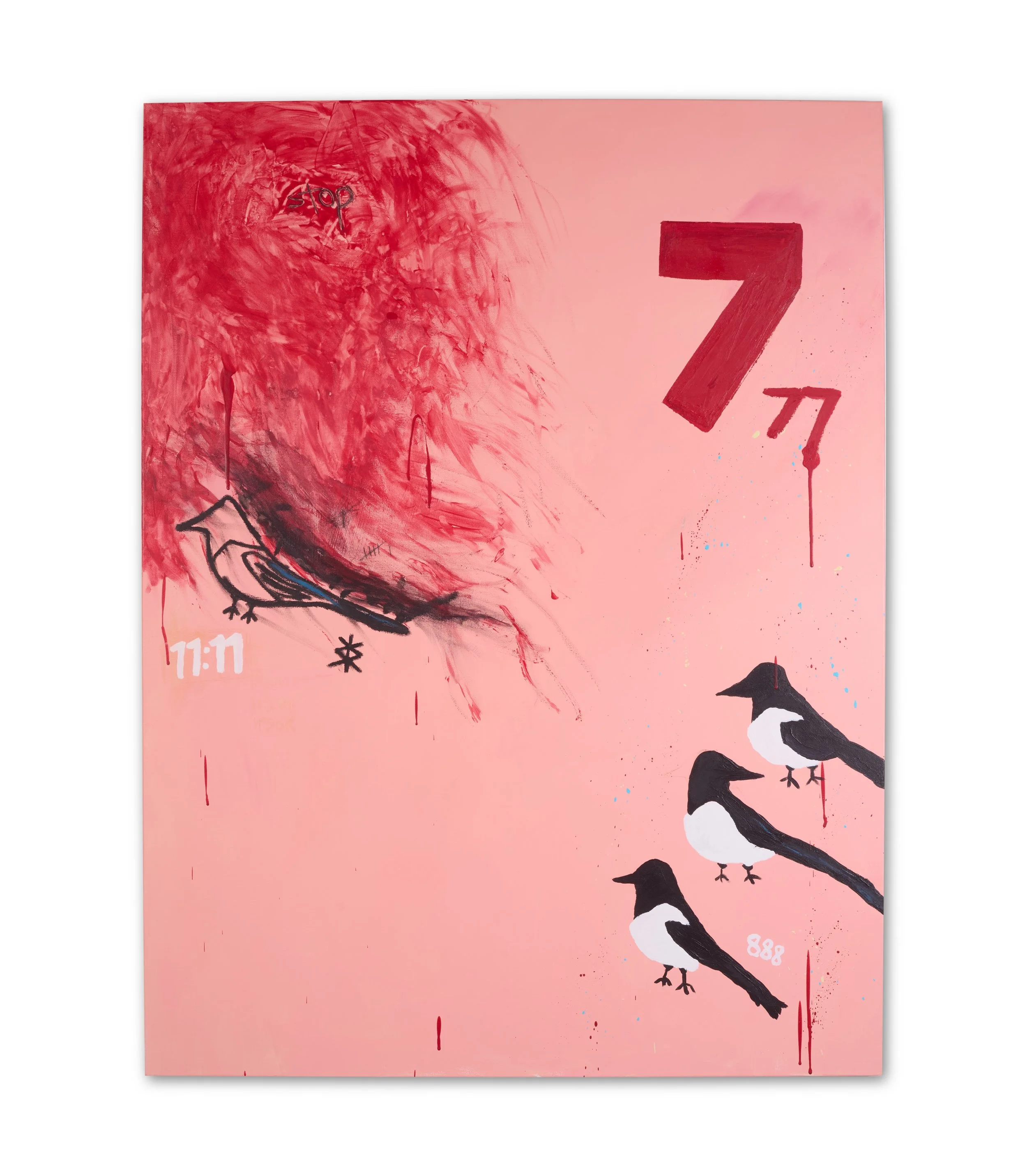 A pink painting with abstract brush strokes and graffiti-style elements, featuring magpies, a large red number 7, and various small symbols.