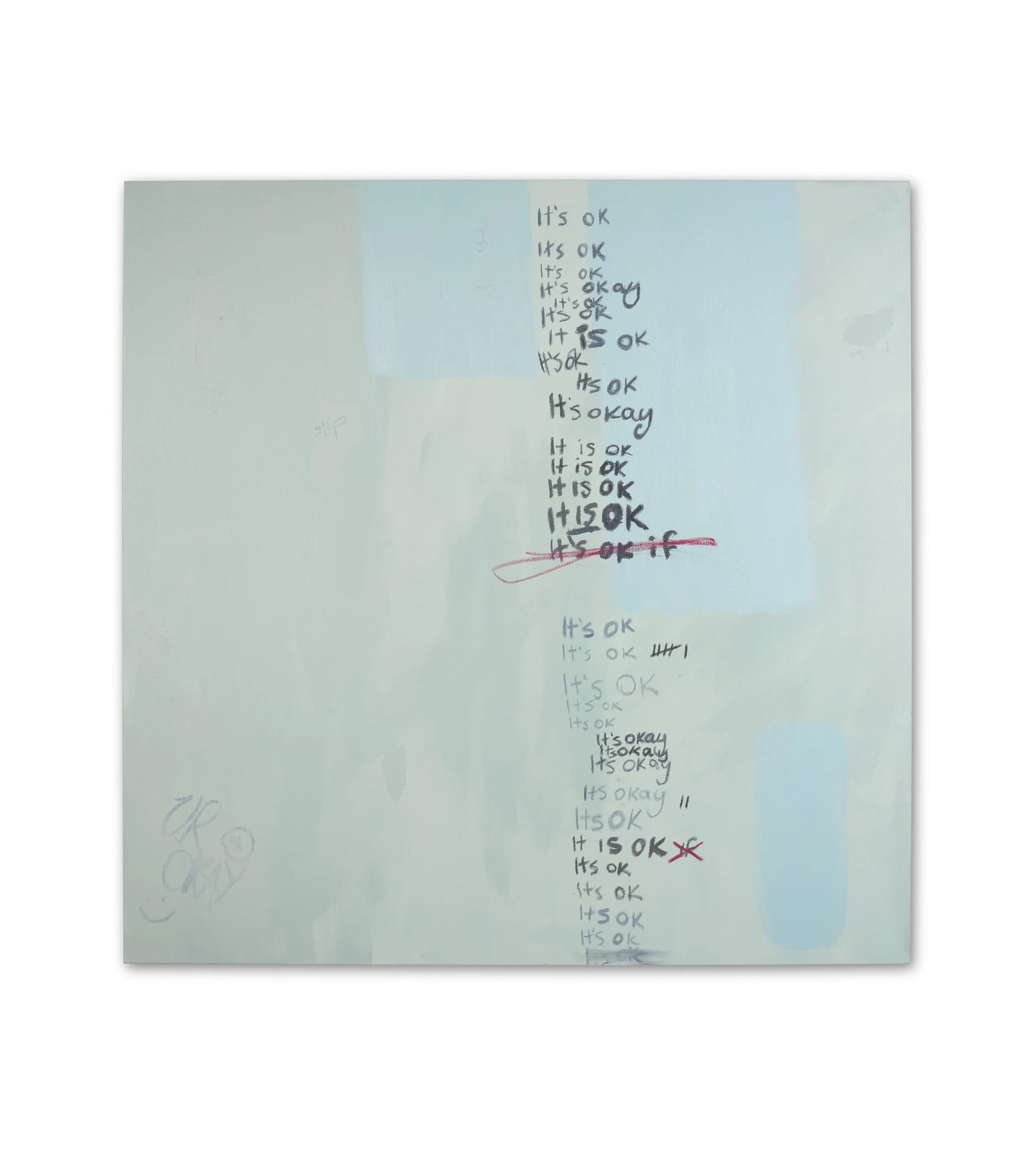 A long receipt with multiple repetitions of the words 'It's ok' and 'H's ok' written in blue ink, some words crossed out in red, and a small, faint doodle of a smiley face at the bottom left.