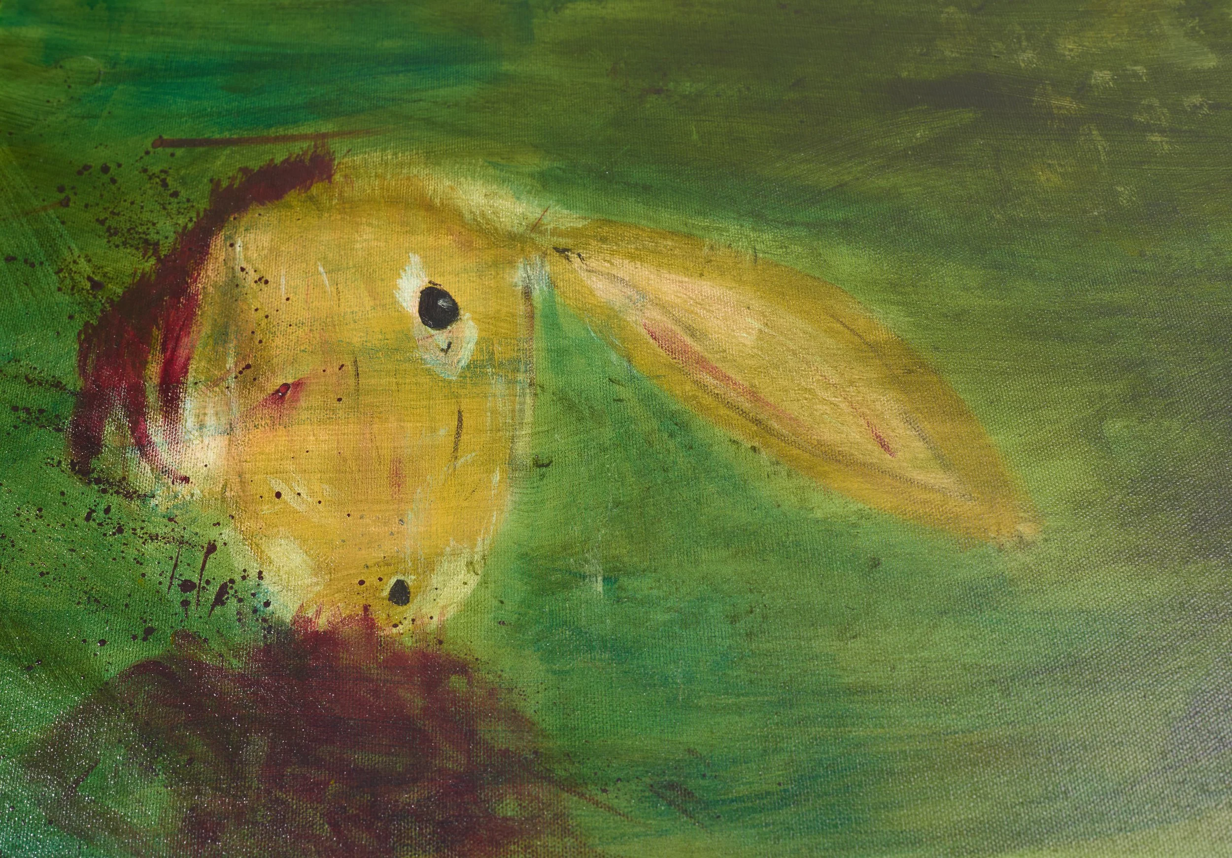 An abstract painting with green, yellow, reddish-brown colors, and black splatters.