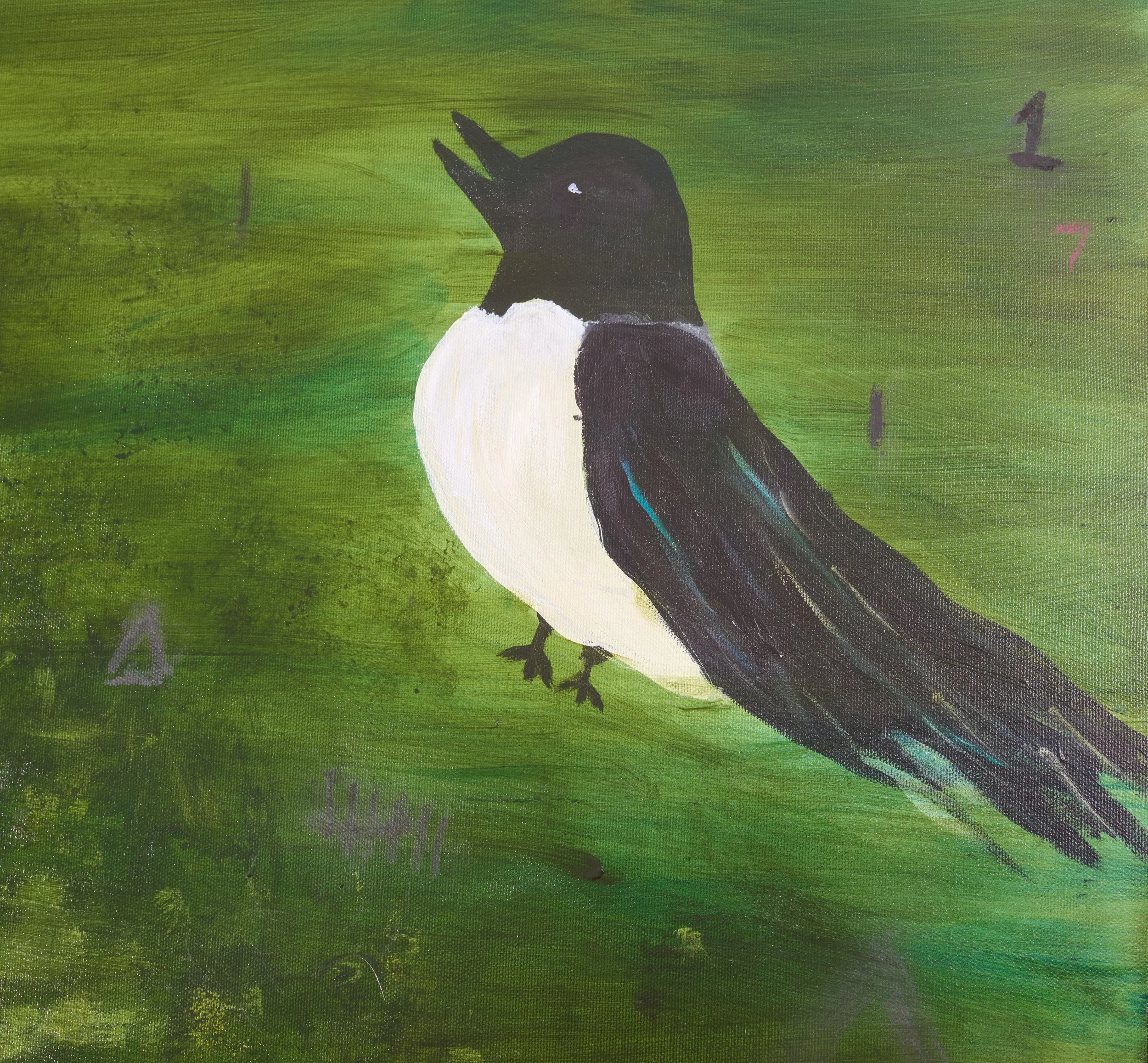Painting of a black and white bird, possibly a magpie, standing on green grass with a green background. There are some pink and purple marks on the grass.