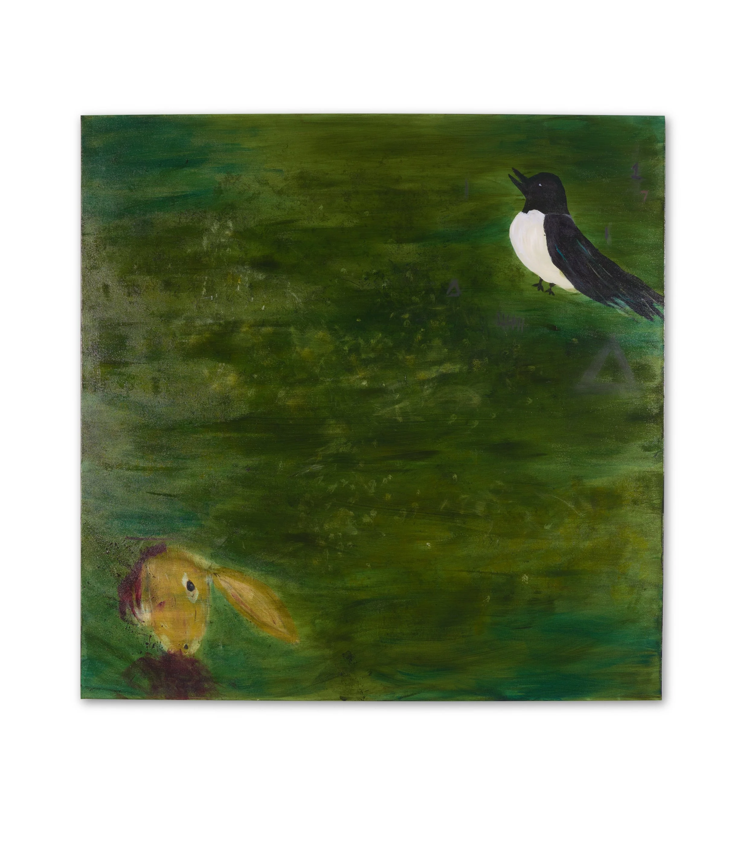 Painting of a bird with its beak open, perched on a branch, against a green background.