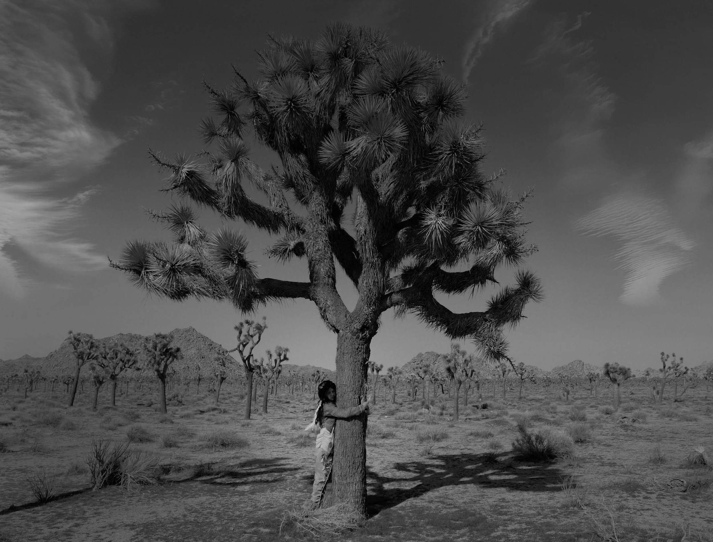 A black and white photo of a desert landscape with a large tree and a woman hugging it in the foreground.