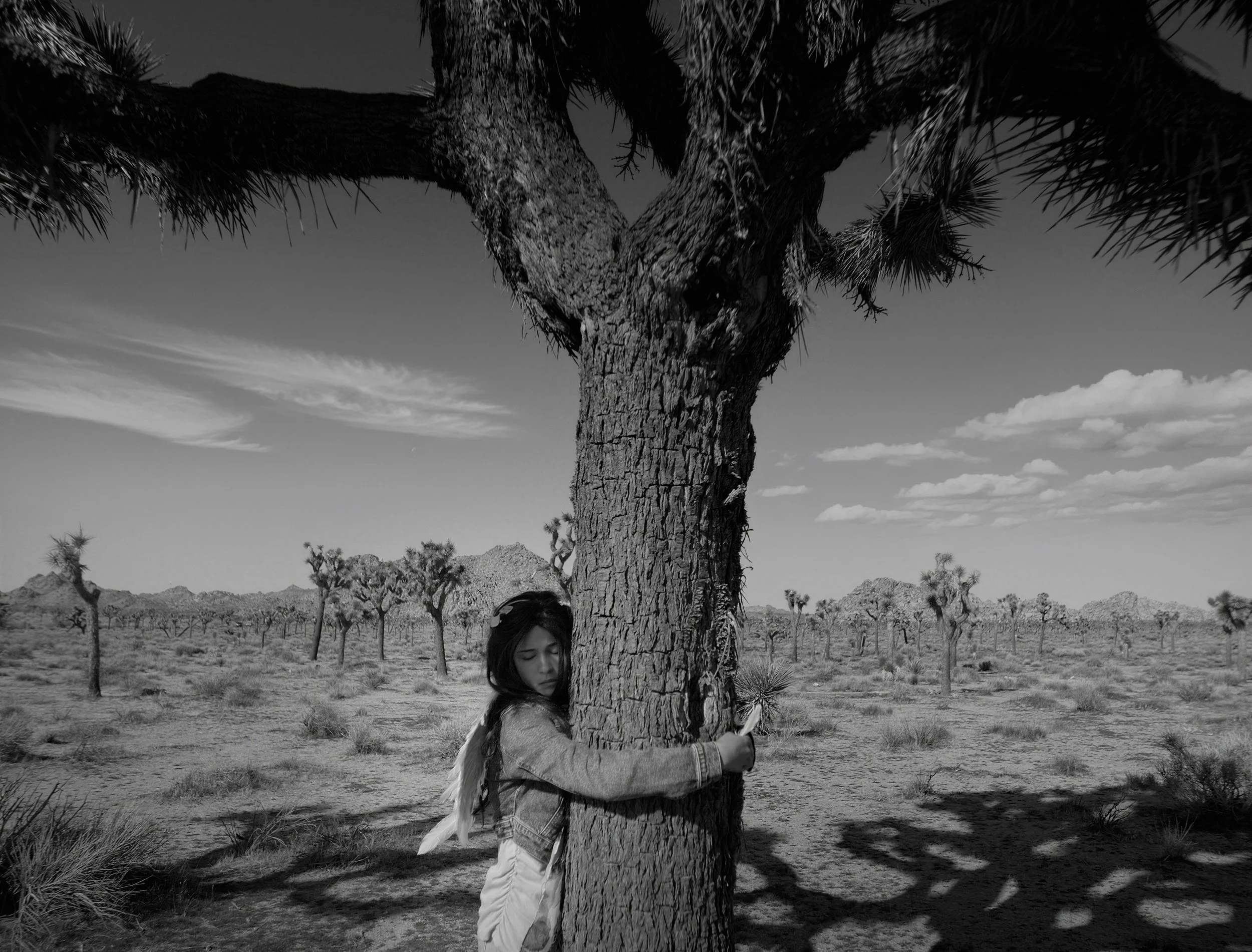 A girl with dark hair hugging a tree in a desert landscape with Joshua trees and mountainous terrain in the background, black and white photograph.