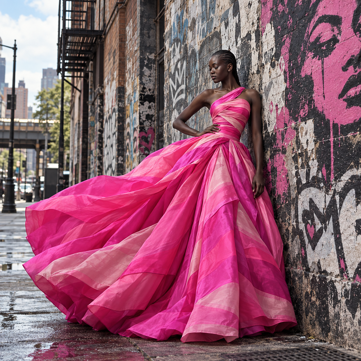 A woman in a vibrant pink and beige flowing gown standing against a graffiti-covered brick wall in an urban setting.