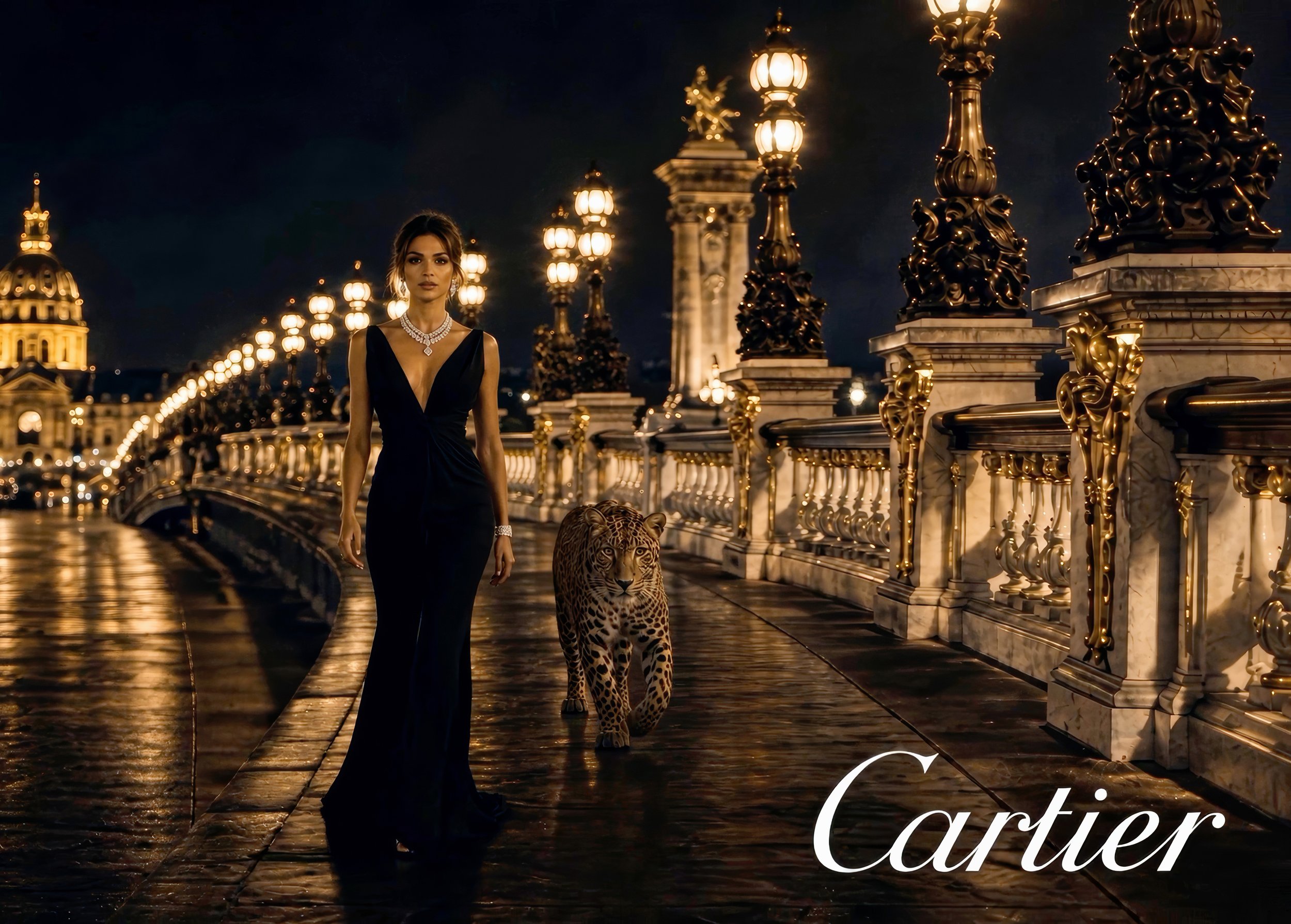 A woman in an elegant black evening gown walking beside a leopard on a bridge at night, illuminated by ornate street lamps, with grand buildings in the background.