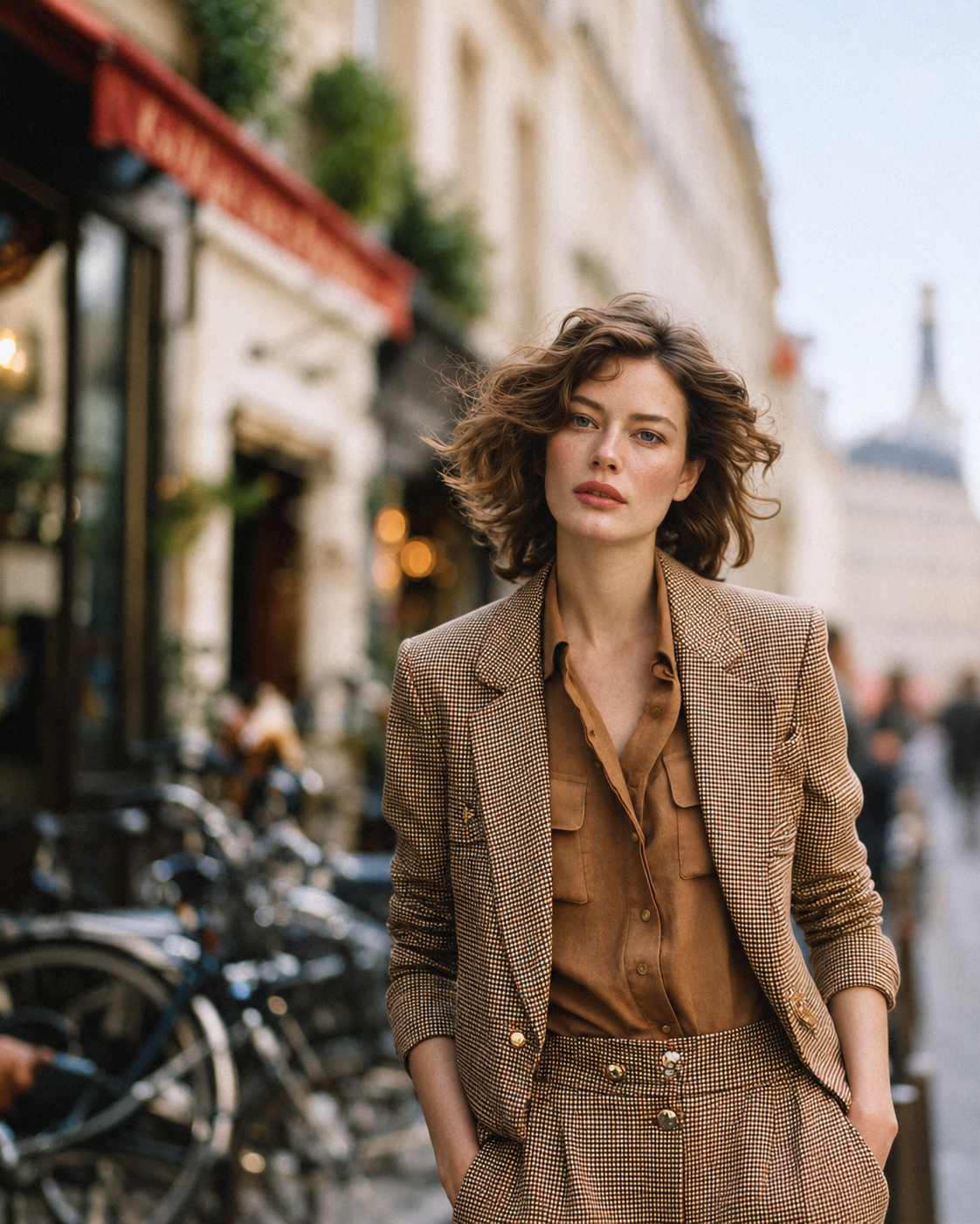 A woman walking on a city street with buildings and bicycles in the background.
