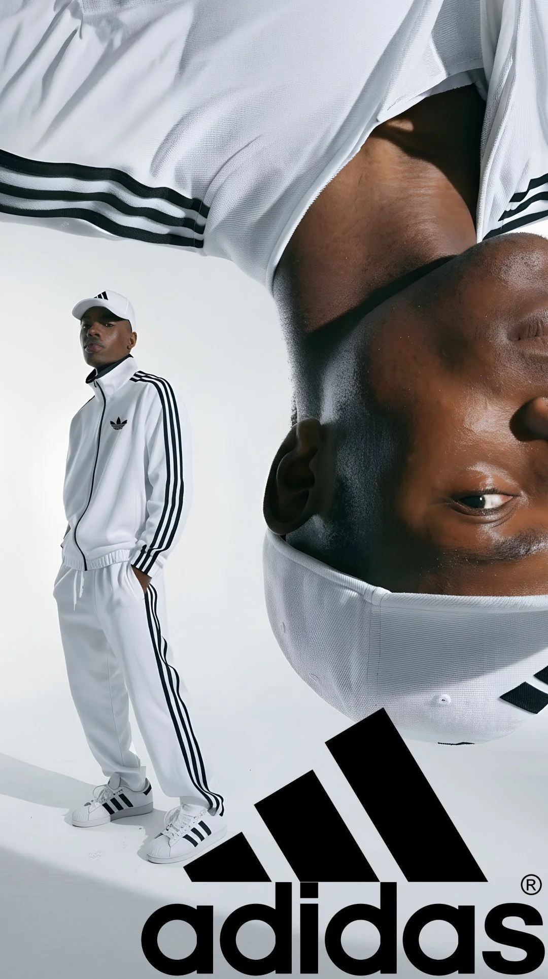 A man dressed in a white Adidas tracksuit and cap standing with his hands in his pockets, alongside a large upside-down image of his face wearing a white cap, with the Adidas logo visible at the bottom.