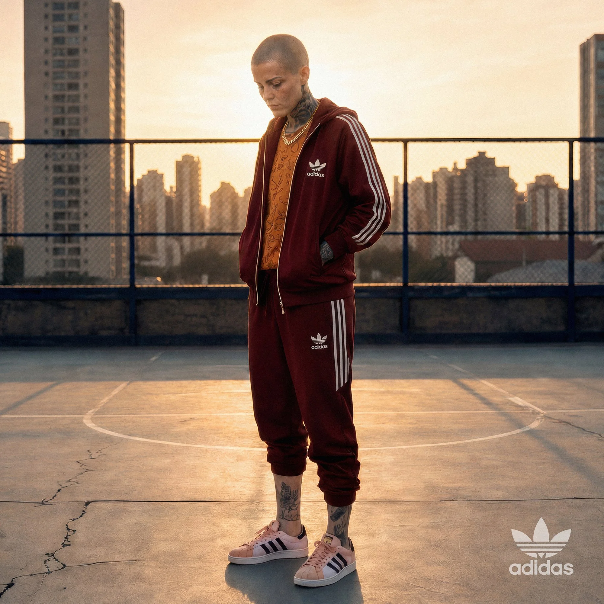A person wearing a maroon Adidas tracksuit and matching Adidas sneakers with pink accents stands on an outdoor basketball court during sunset, with city buildings in the background.