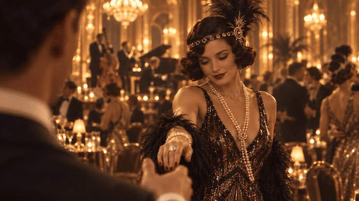 A woman dressed in 1920s flapper-style attire with a feathered headpiece and pearl necklaces dancing with a man at a glamorous, vintage-themed party or dance hall.