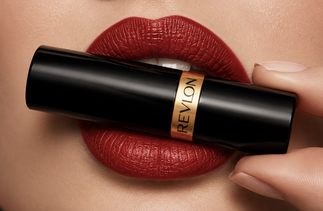 Close-up of a woman's lips painted with red lipstick; she is holding a black lipstick tube with a gold band labeled 'REVOLUTION' in front of her slightly parted lips.