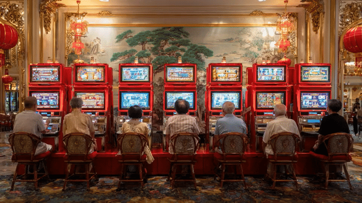People playing slot machines in a casino with ornate decor and a large traditional Chinese painting in the background.