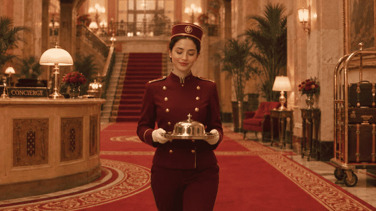 A hotel bellhop in a maroon uniform and hat holding a silver tray with a dome-shaped cover in a luxurious hotel lobby.