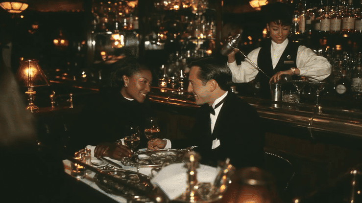 A couple dining at a fine restaurant with a bartender preparing a drink in the background.