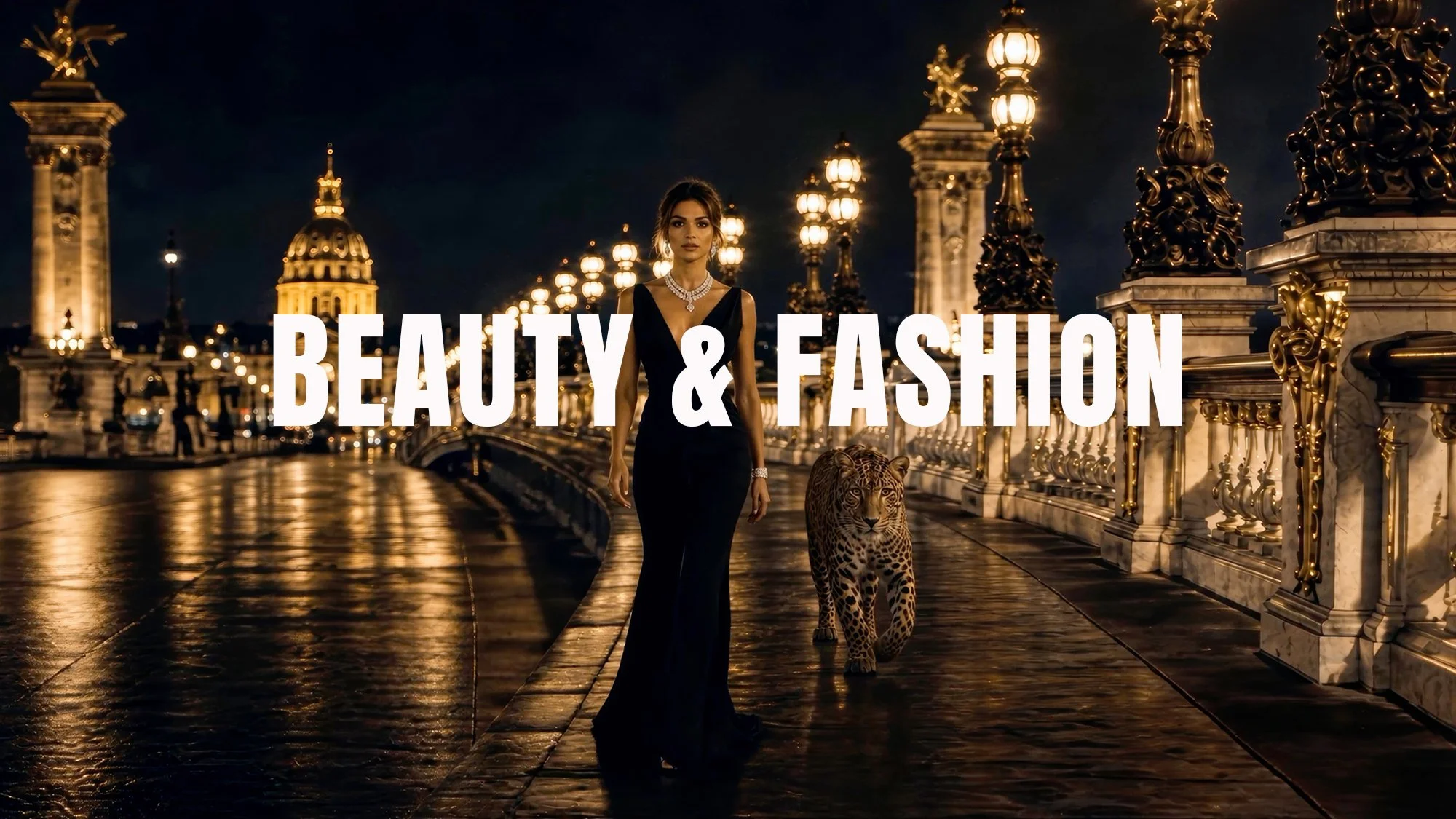 A woman in a black evening gown walking on a bridge at night with a leopard at her side, illuminated by ornate street lamps, with a domed building in the background, and the text 'Beauty & Fashion' overlaid.