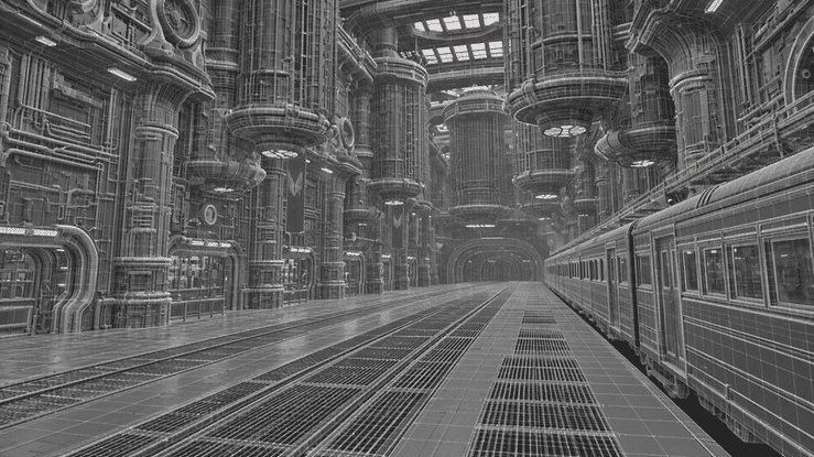 Digital wireframe rendering of a futuristic rail station with a train on the right, large industrial pipes, and elaborate architectural details.