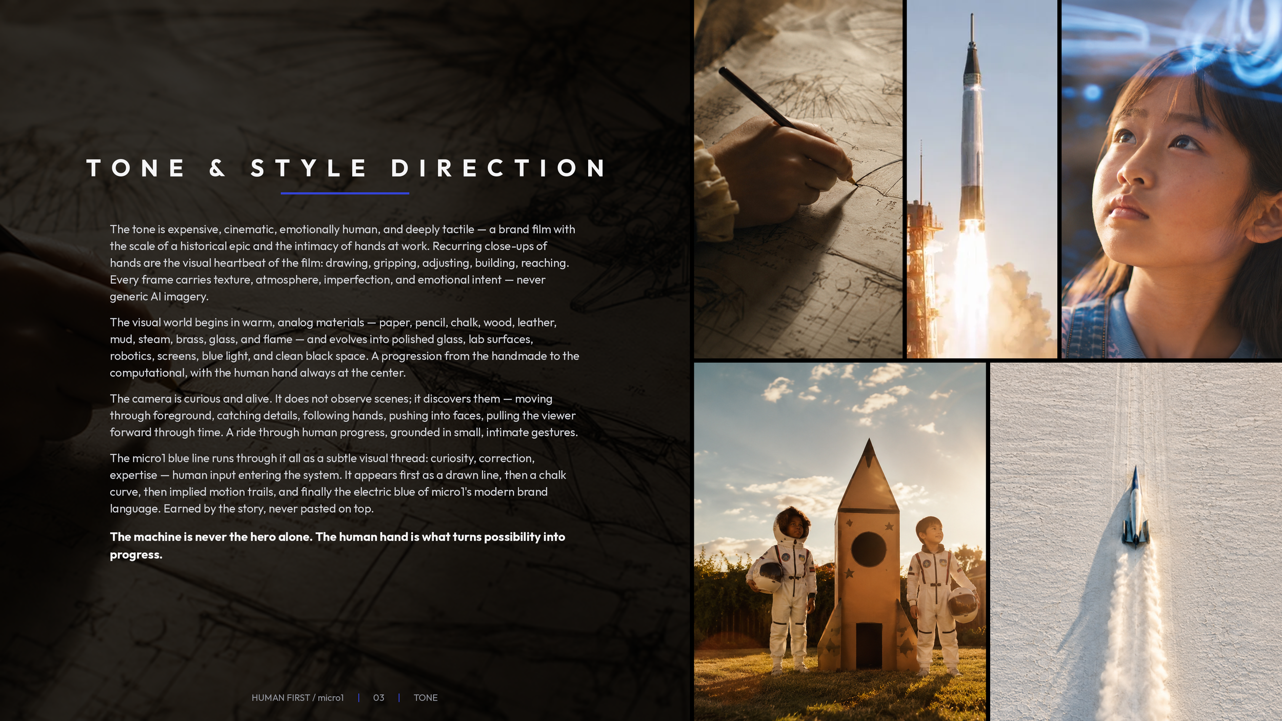 A collage of images depicting creative and scientific themes. The collage includes a person drawing on paper, a rocket launch, a girl looking thoughtfully, children in astronaut suits, and a rocket on a launch pad. The background is dark with technical sketches, and there is a section of textual content emphasizing tone and style in film and visual storytelling.