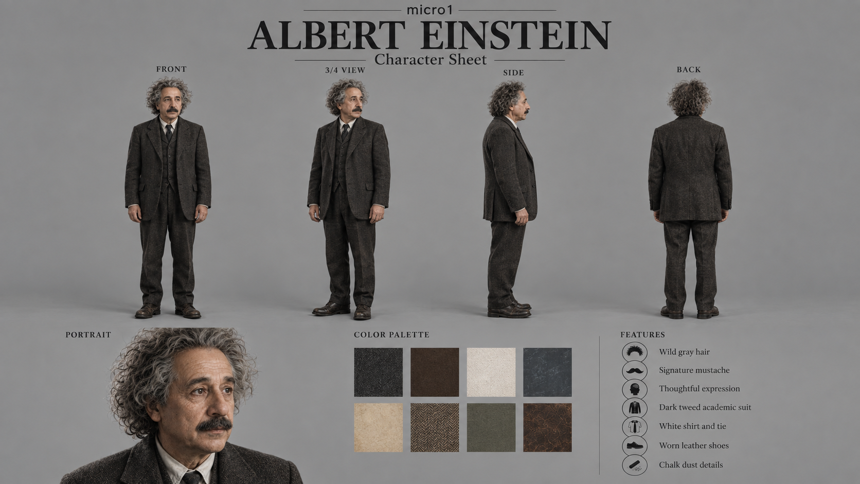 Character sheet of Albert Einstein showing front, 3/4 view, side, and back views of a man with wild gray hair, mustache, in a dark academic suit, with color palette and features listed, including wild gray hair, signature mustache, thoughtful expression, dark tweed suit, white shirt and tie, worn leather shoes, and chalk dust details.