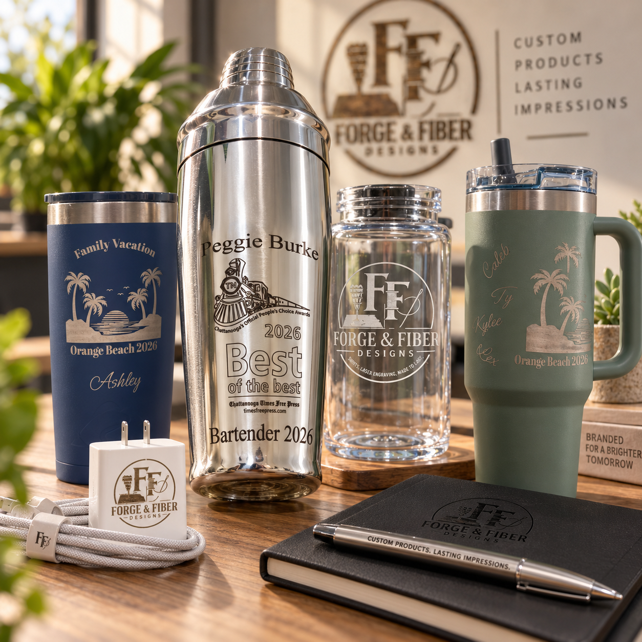 Custom personalized drinkware including tumblers, glassware and branded gifts with forge and fiber designs logo and best of the best