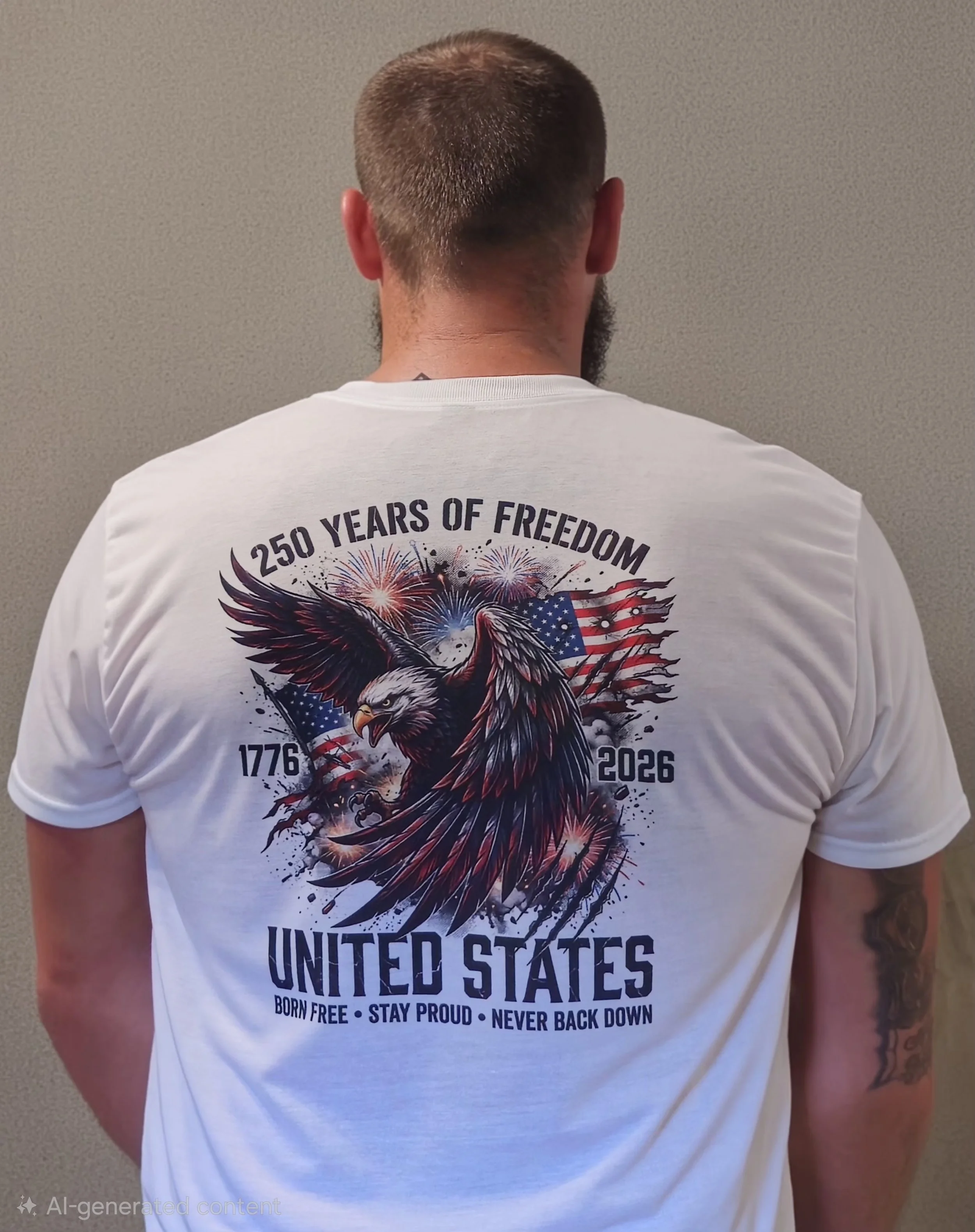 Back view of a person wearing a white T-shirt celebrating Independence Day, featuring an eagle and American flag with fireworks, commemorating 250 years of freedom from 1776 to 2026.