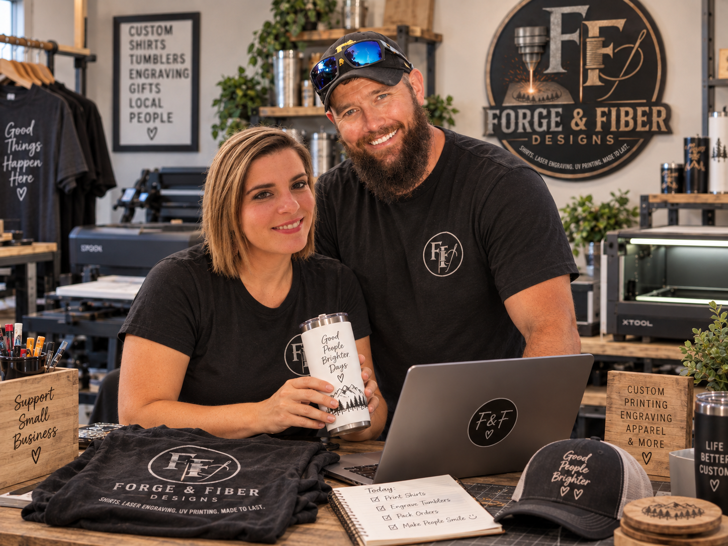Wanda and Jeron Lieving owners working together in their Chattanooga custom print shop. Forge & Fiber Designs in Chattanooga