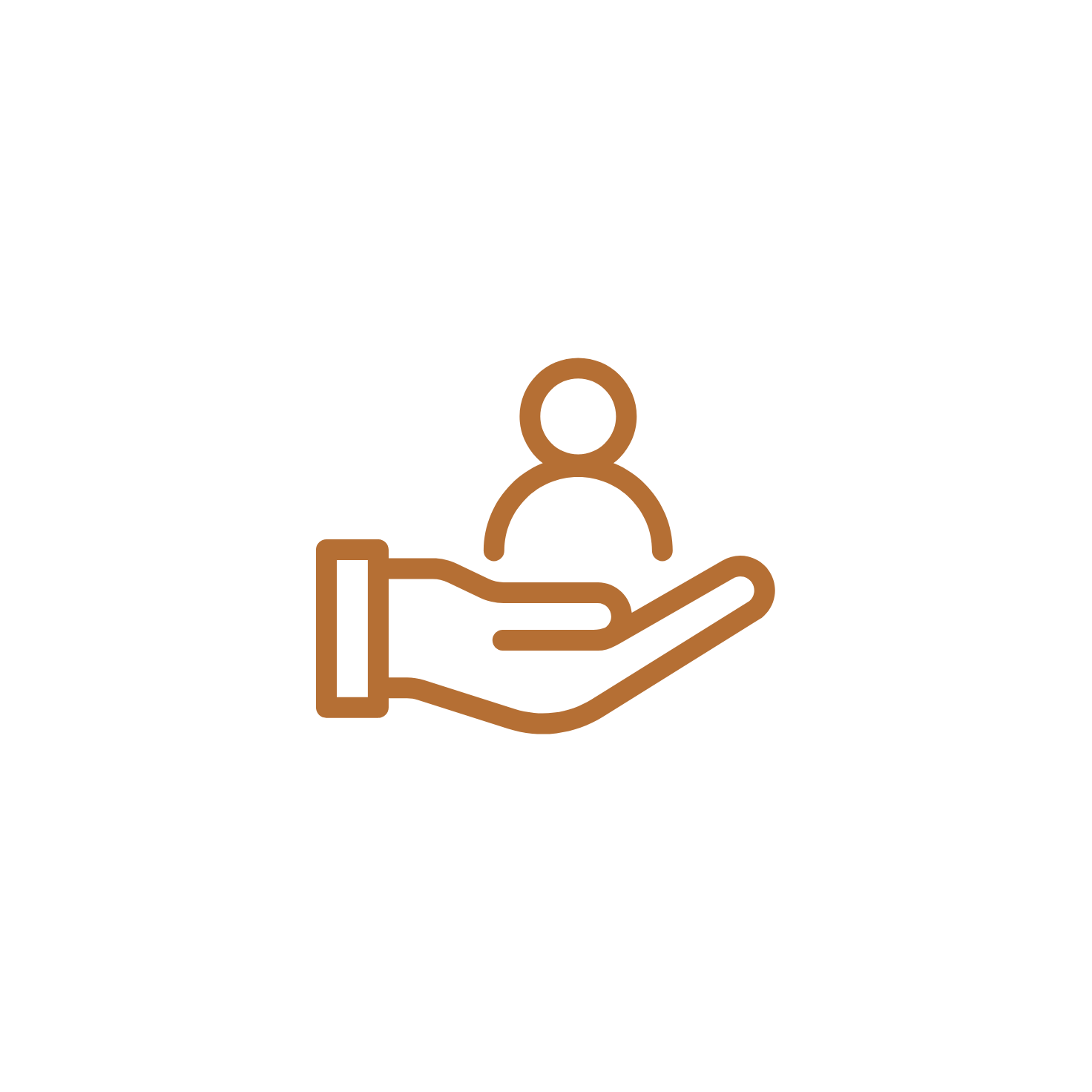 Outline of a hand holding a person icon, representing support or care.