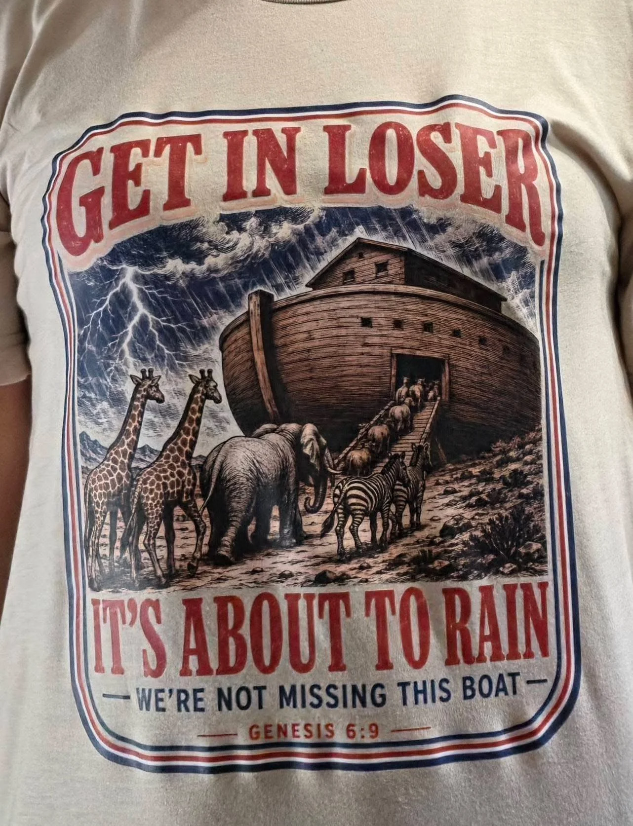 A graphic on a T-shirt depicting Noah's Ark Custom graphic T-shirt printed by Forge & Fiber Designs The text reads, 'Get in loser, it's about to rain. We're not missing this boat.' with a reference to Genesis 6:9.