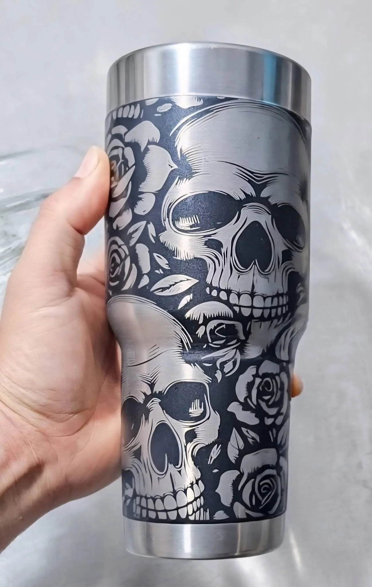 Personalized stainless steel tumbler with custom black-and-white design