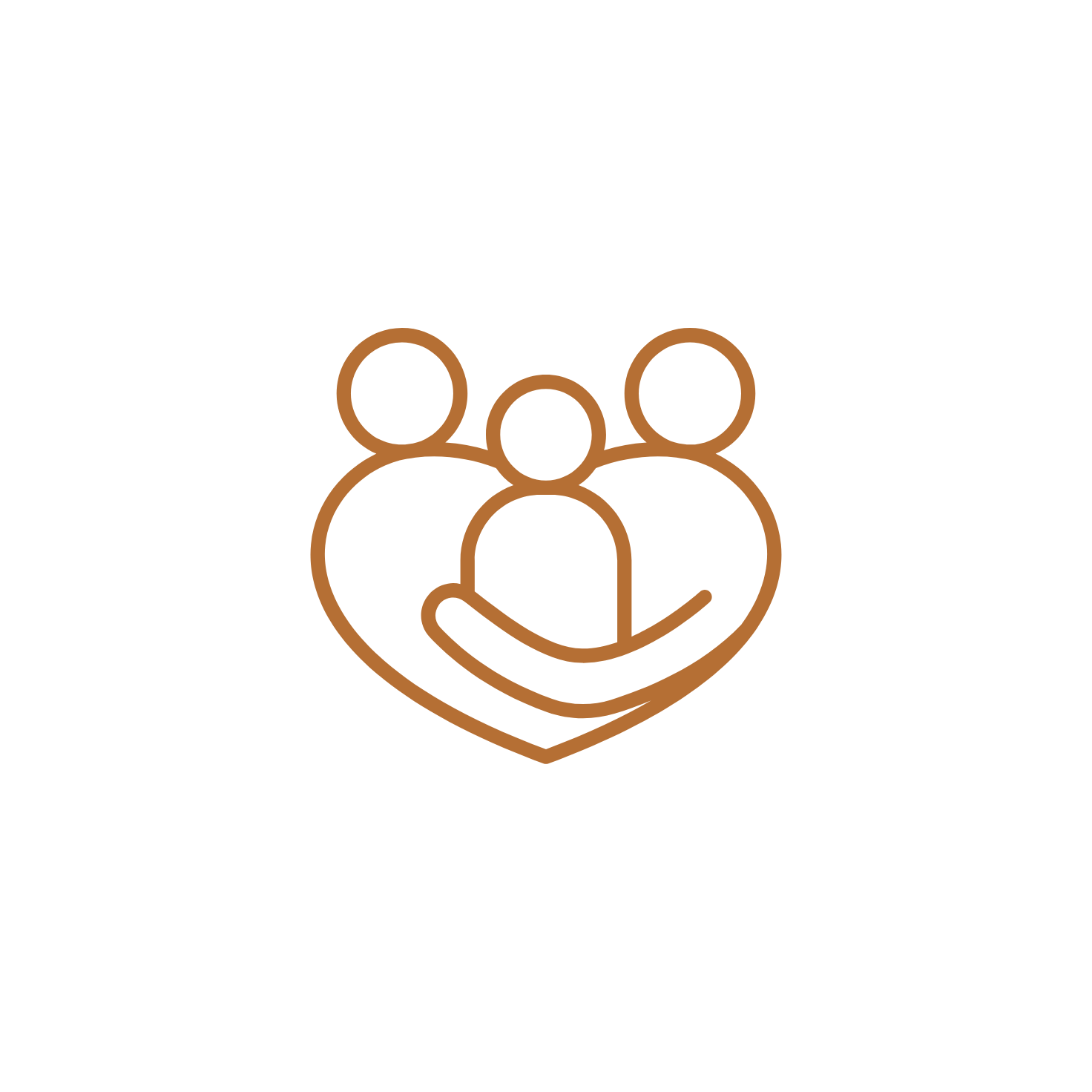Outline of three people inside a heart shape, symbolizing community or care.