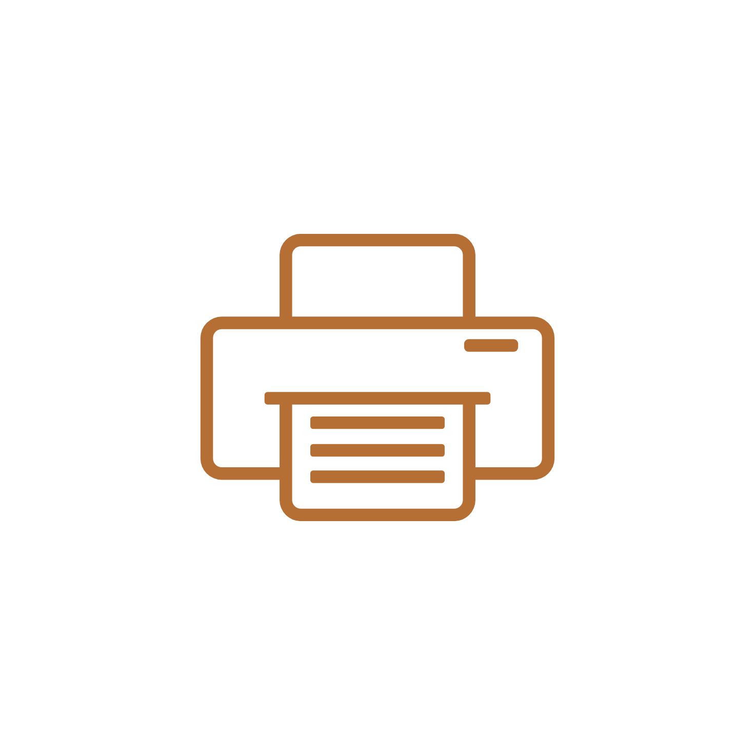 Icon of a printer with a paper tray and control panel in brown lines on a black background.