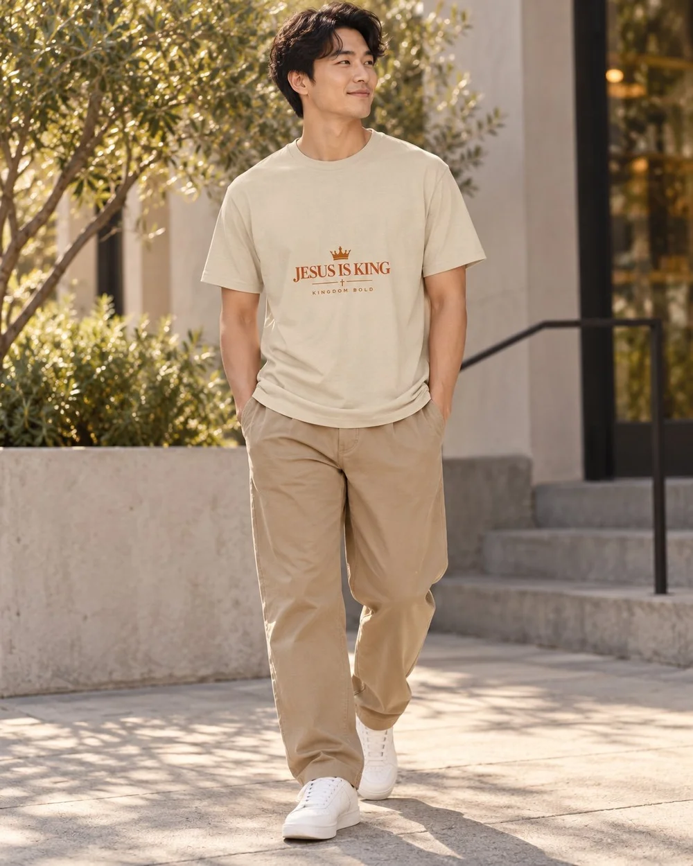 Jesus Is King sand tee worn by a model
