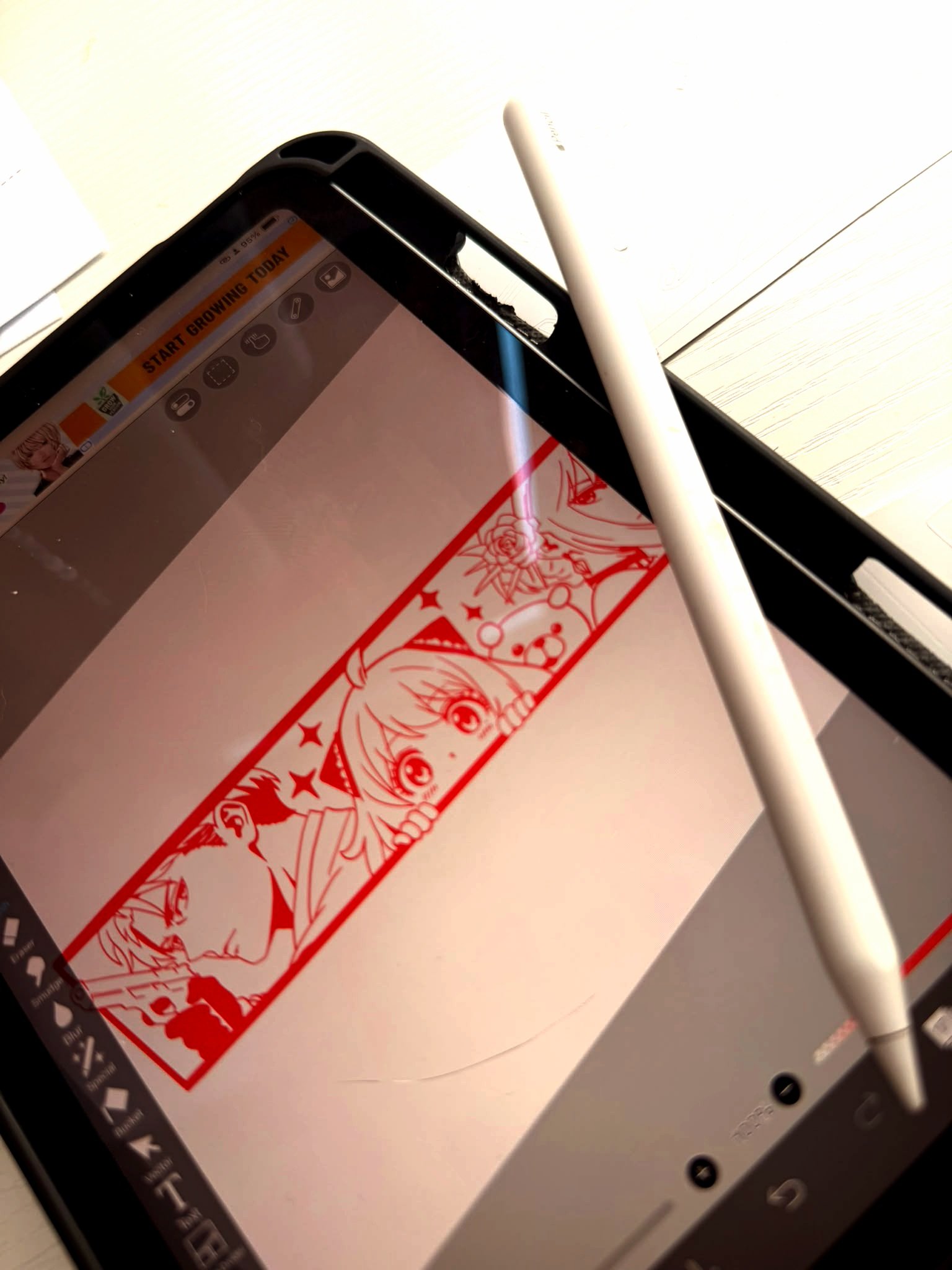 A smartphone screen displaying a Christmas-themed design with a cartoon girl wearing a Santa hat and holding gift bags, and red and white decorative elements.