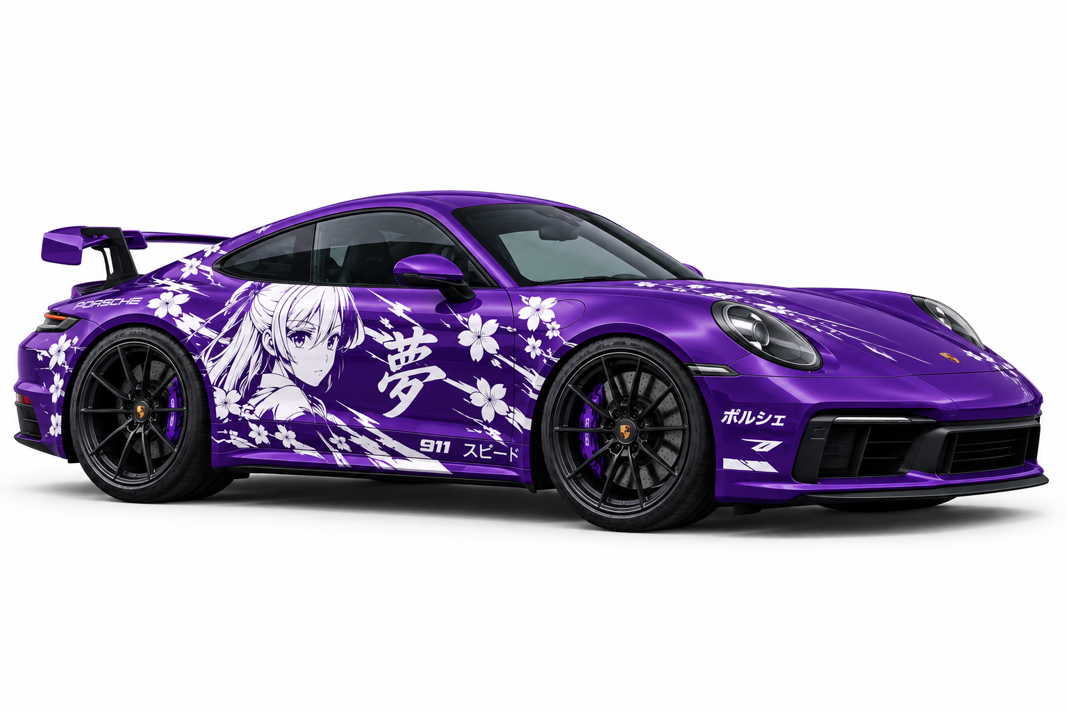 A purple Porsche 911 sports car with anime-style artwork of a female character and Japanese writing on the side, featuring cherry blossom designs and a black rear spoiler.