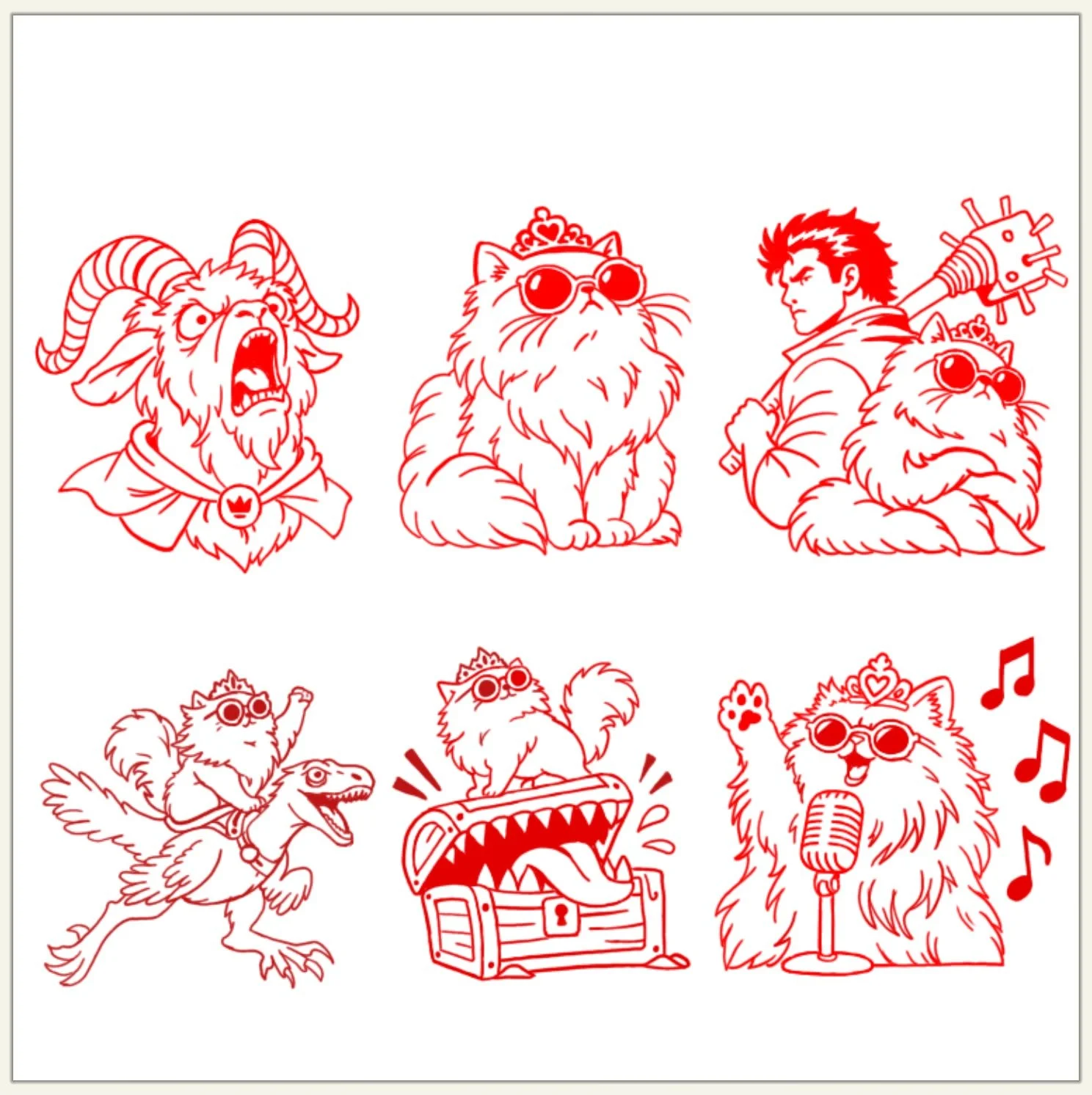 Line drawing of animated characters, including a goat with ram horns, a cat with sunglasses, a man with a weapon on his back, a dog with sunglasses, a dinosaur riding a skateboard, a cat with sunglasses, a dog behind a microphone, and musical notes.