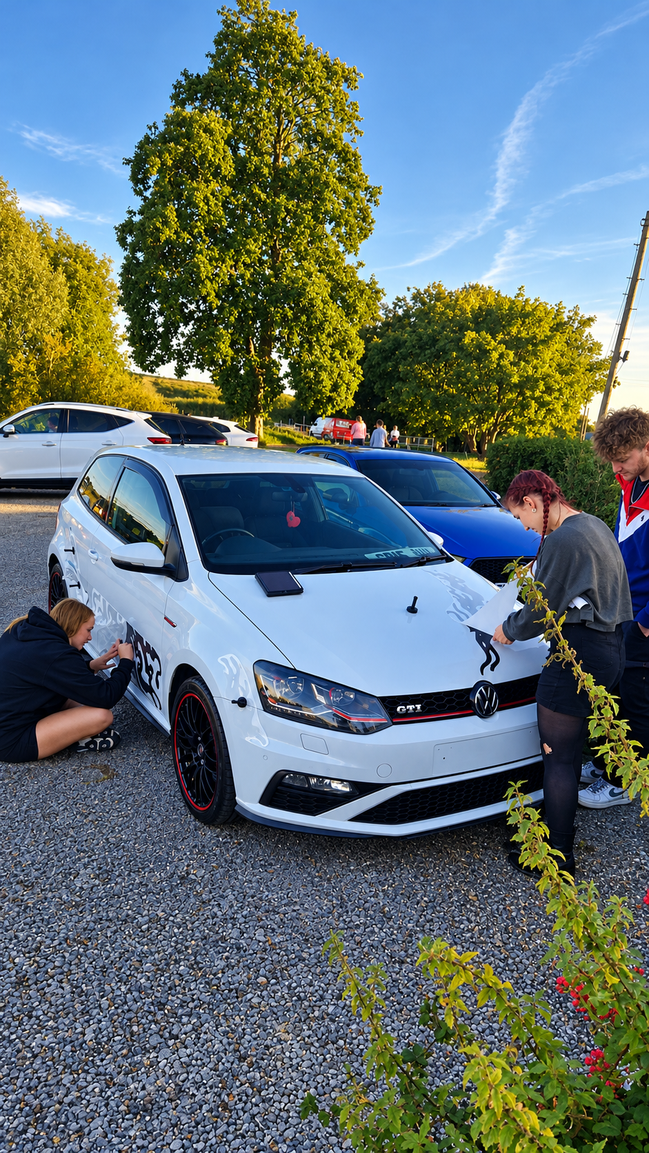 People working on a white Volkswagen GTI parked outdoors on a gravel lot during the day, with trees and other parked cars around, under a bright blue sky.
