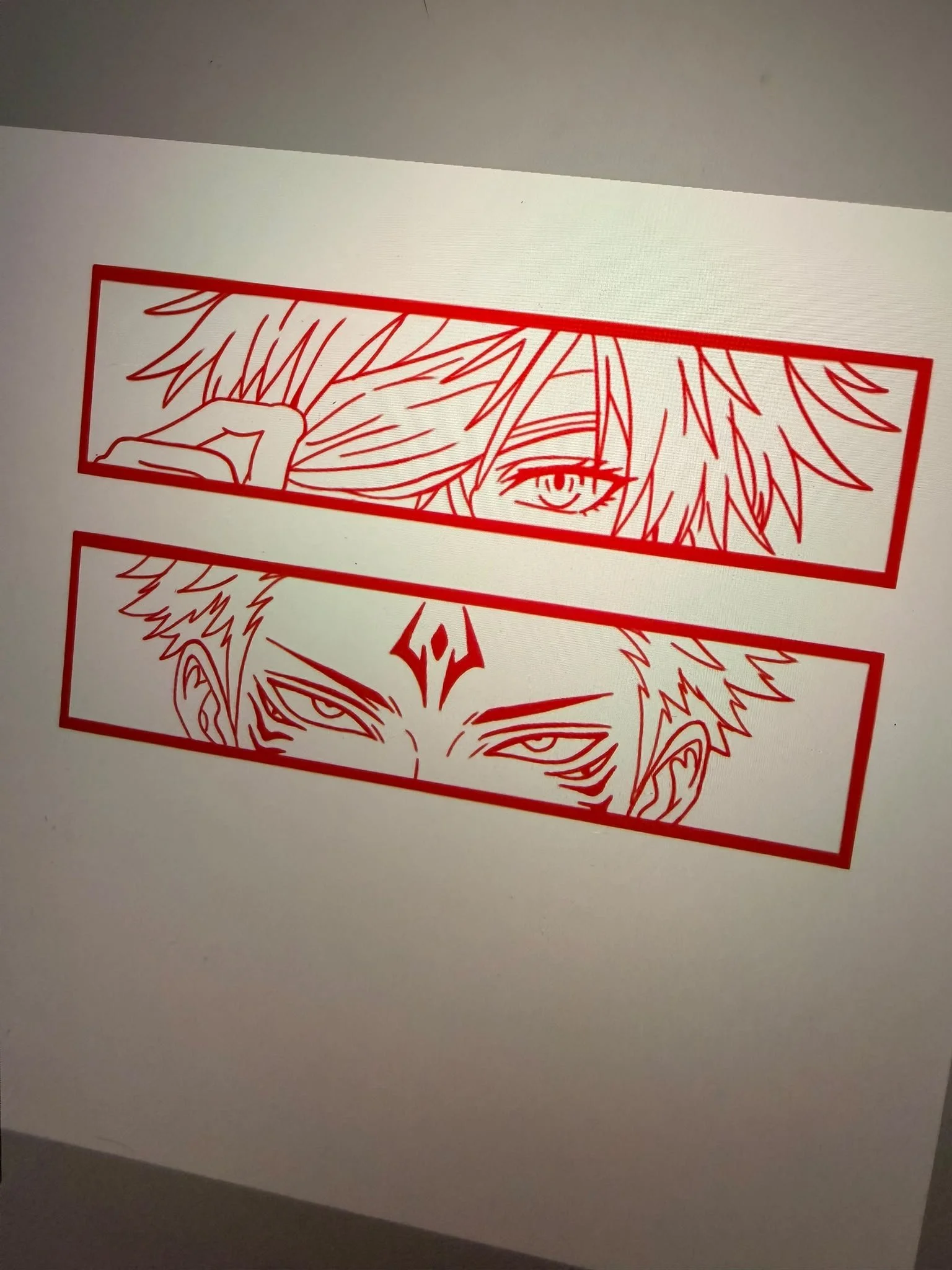 Red line drawing of a character's face with spiky hair and intense eyes, framed in rectangular panels.