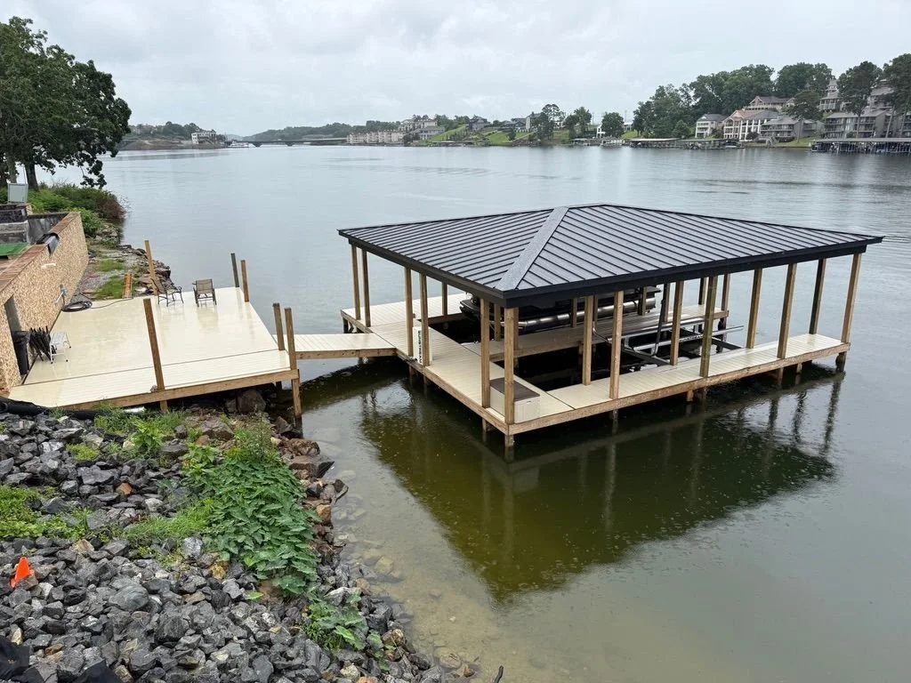 Covered boat dock with a metal roof and walkway, Lake Hamilton