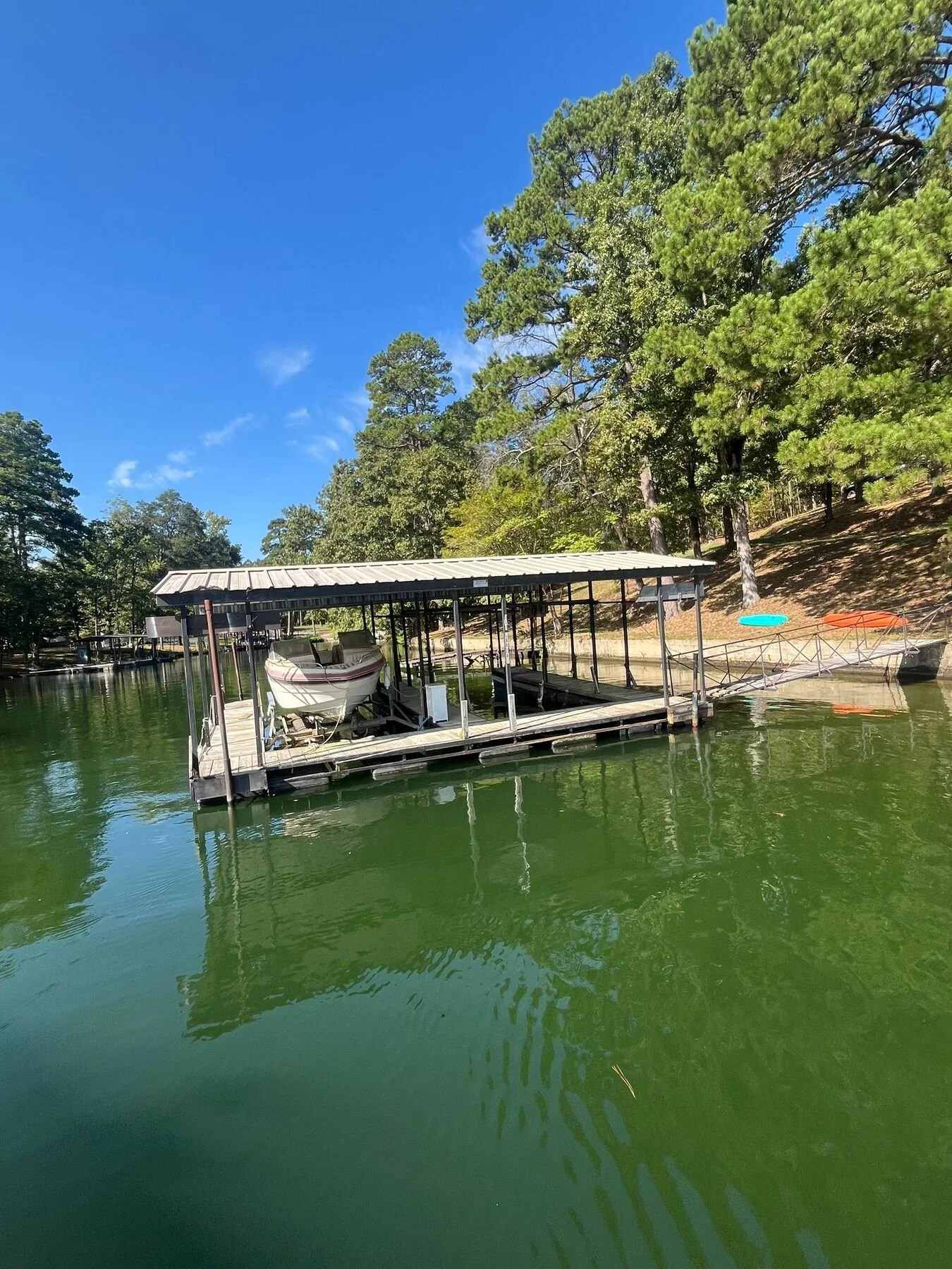 Boat dock and walkway on a wooded Lake Hamilton shoreline