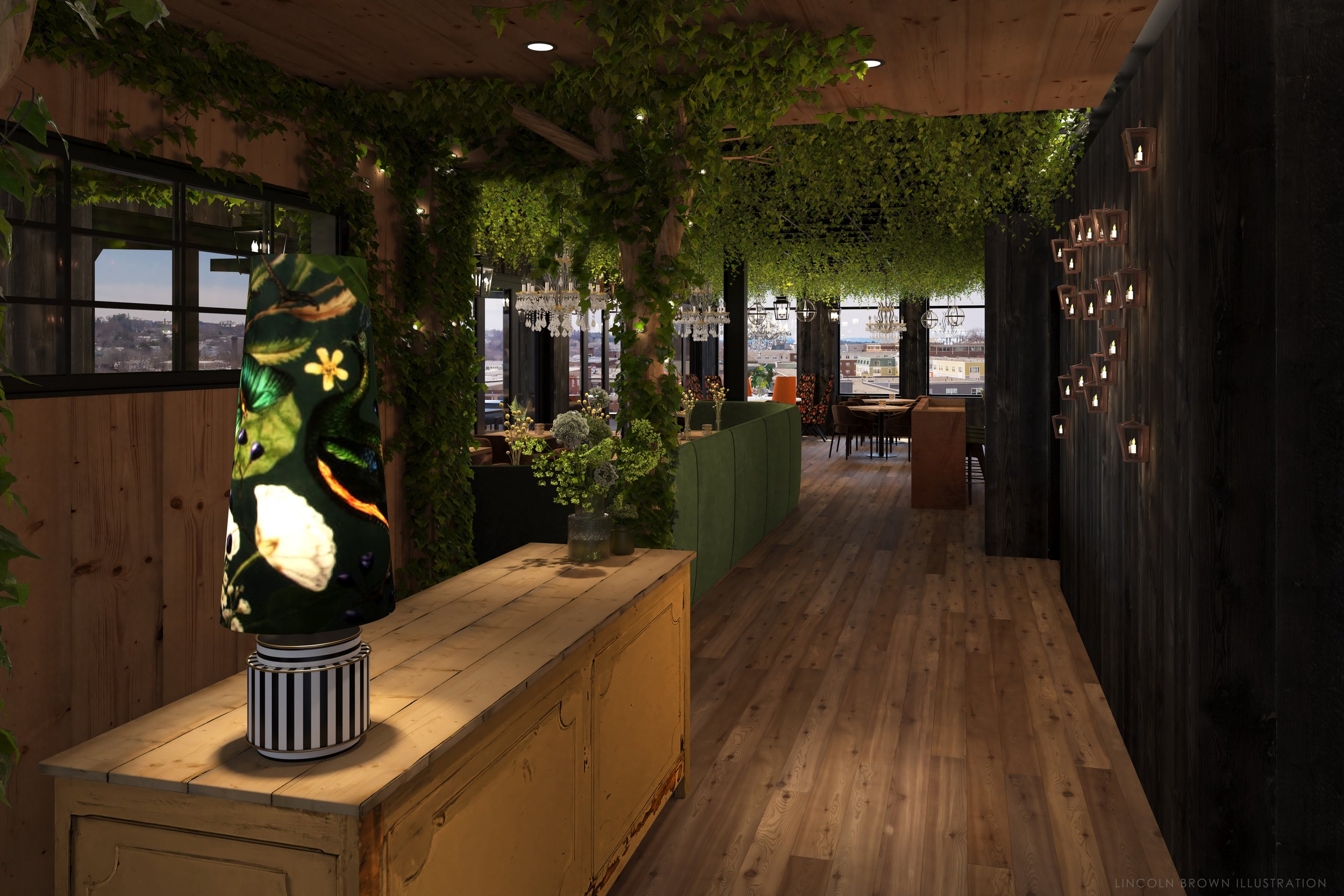Interior of a restaurant with large windows, hanging chandeliers, green plants and ivy decor, and wooden furnishings.