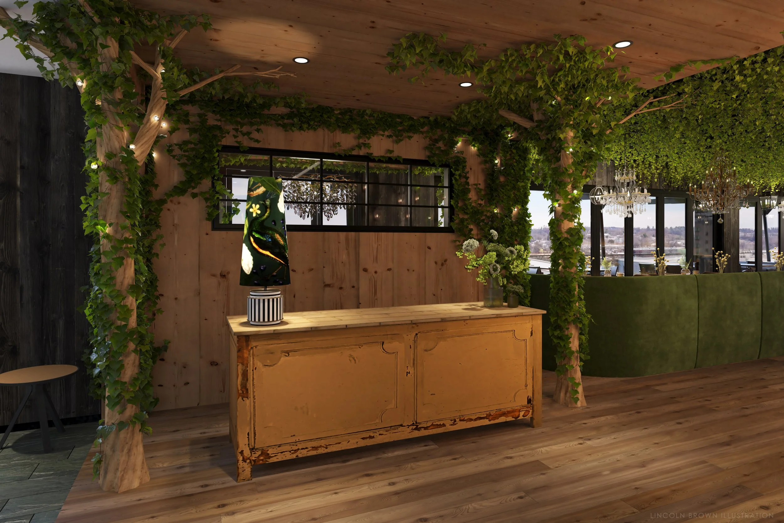 Interior space with wooden walls and ceiling, decorated with green ivy vines and small lights. There is a large window with a view of the outdoors, a chandelier hanging from the ceiling, and a vintage wooden sideboard with a colorful lamp on top.
