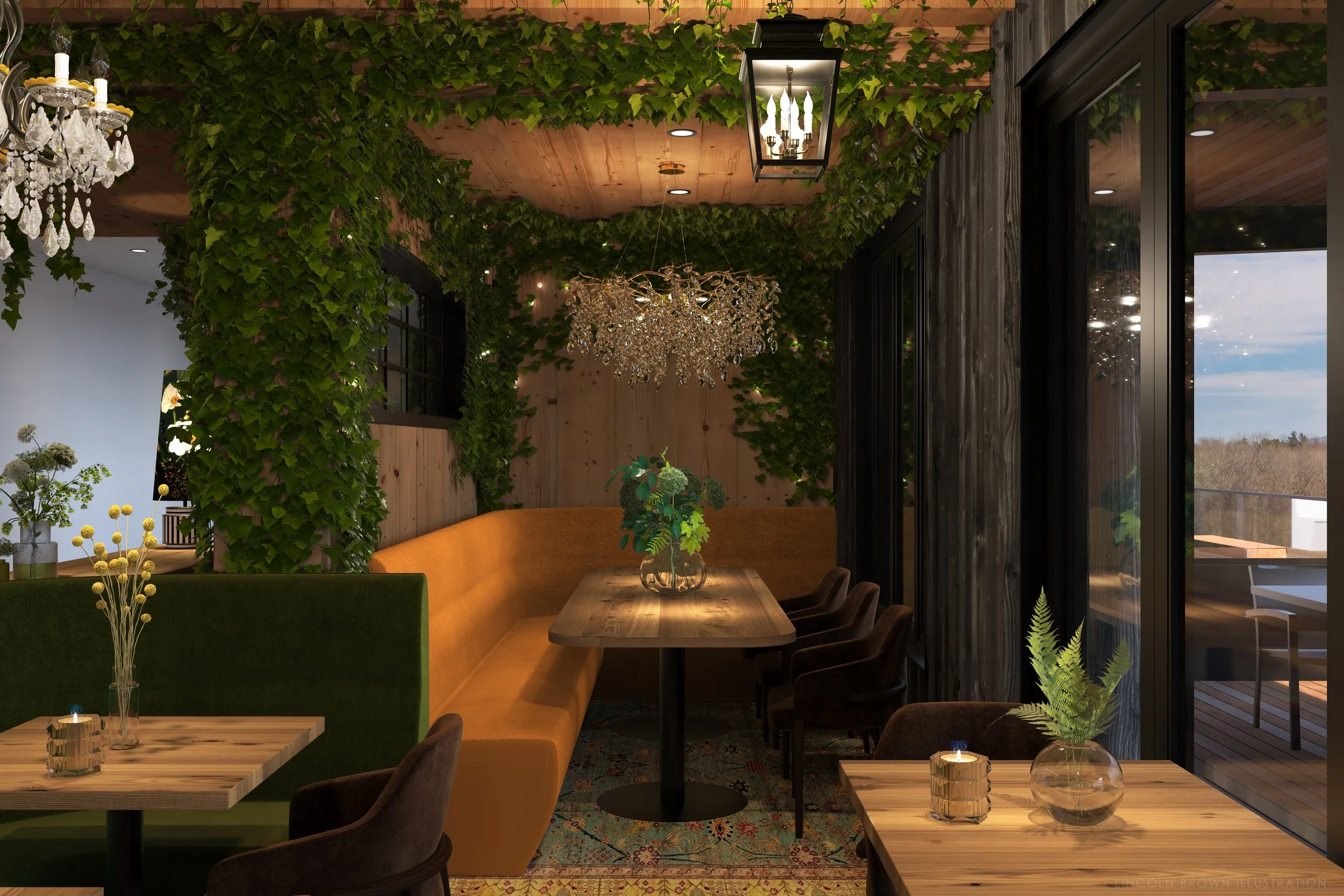 Interior of a cozy dining area with wooden ceiling, green leafy vines, a chandelier, modern light fixtures, and a large window showing an outdoor view.