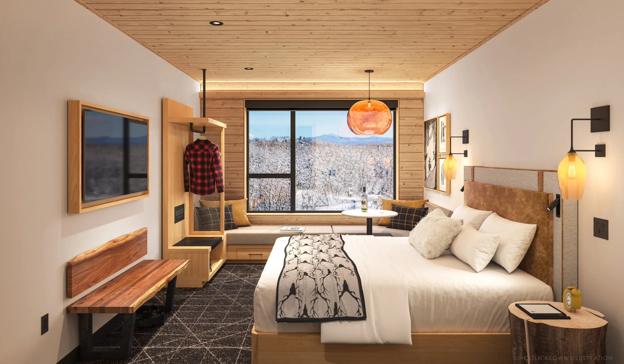 A cozy bedroom with a large window overlooking a snowy landscape with trees and mountains. The room has wooden ceiling and wall accents, a bed with white sheets, decorative pillows, and a patterned blanket. There are warm wall-mounted lamps, artwork on the walls, a small round table with a drink, and a bench under the window.