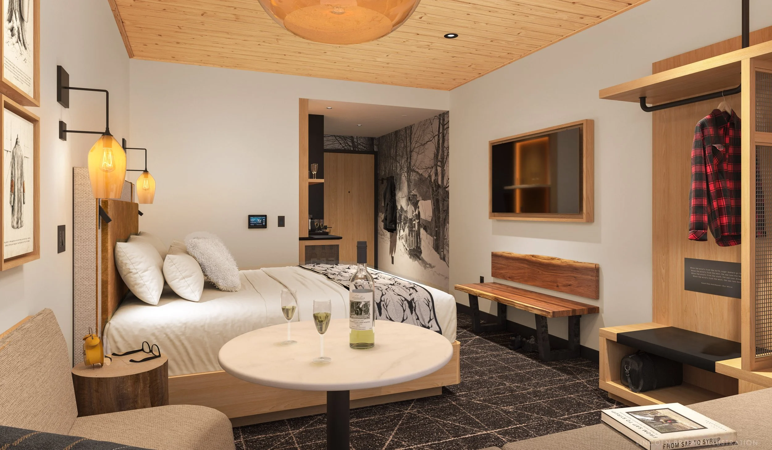 A modern bedroom with a wooden ceiling, a bed with white pillows and bedding, a round marble table with wine glasses and a bottle, and wall art. There is a small round side table and contemporary lighting, with a closet or open storage area with hanging clothes and a wall-mounted TV.