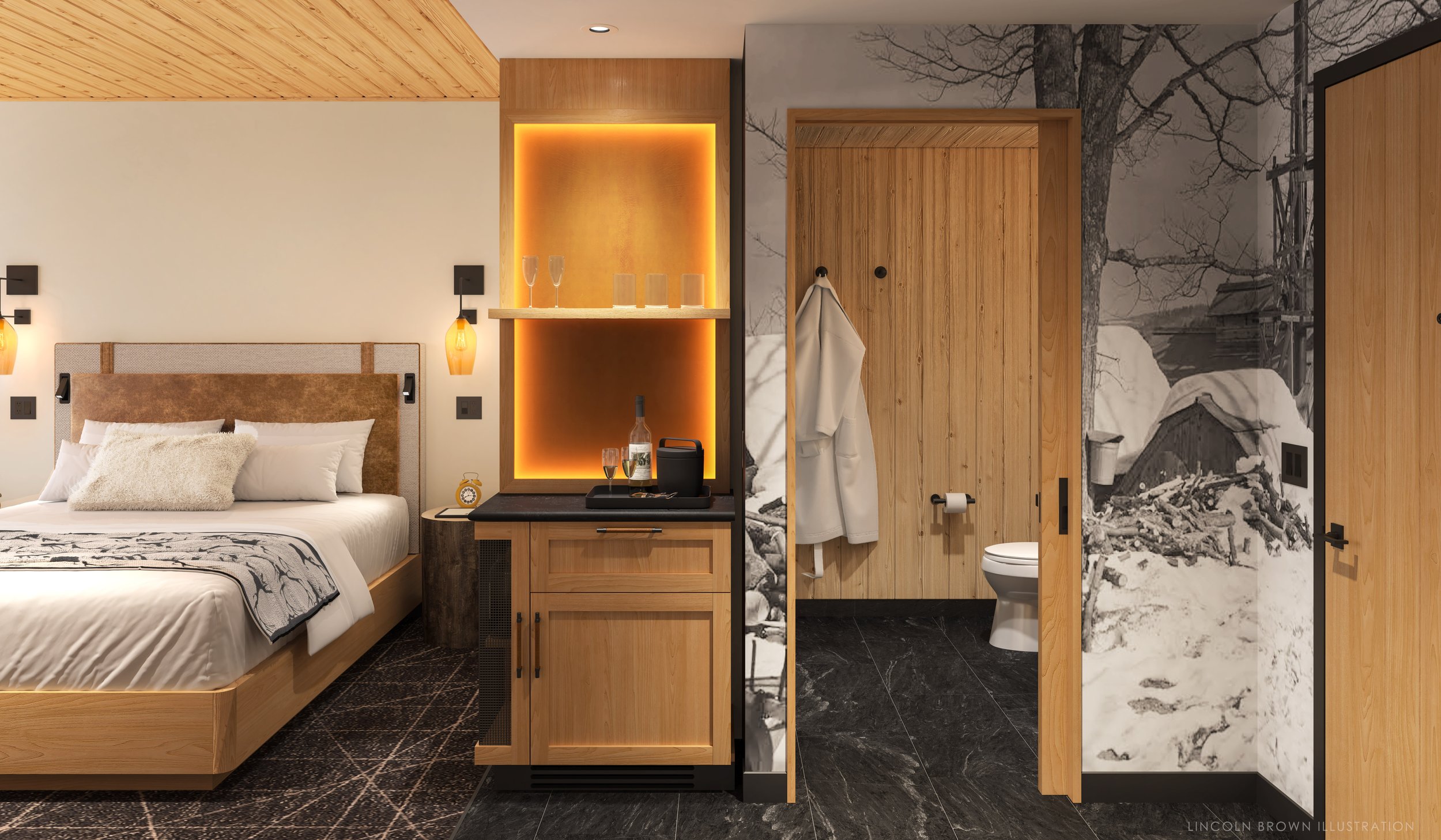 A cozy hotel room features a large bed with white and beige bedding, a wood-paneled ceiling, and modern lighting fixtures. Next to the bed is a nightstand with a bottle of wine, glasses, and an alarm clock. Adjacent to the sleeping area is a bathroom with a toilet and a wall mural depicting a black-and-white outdoor scene, separated by a wooden door with a towel hanging on a hook.