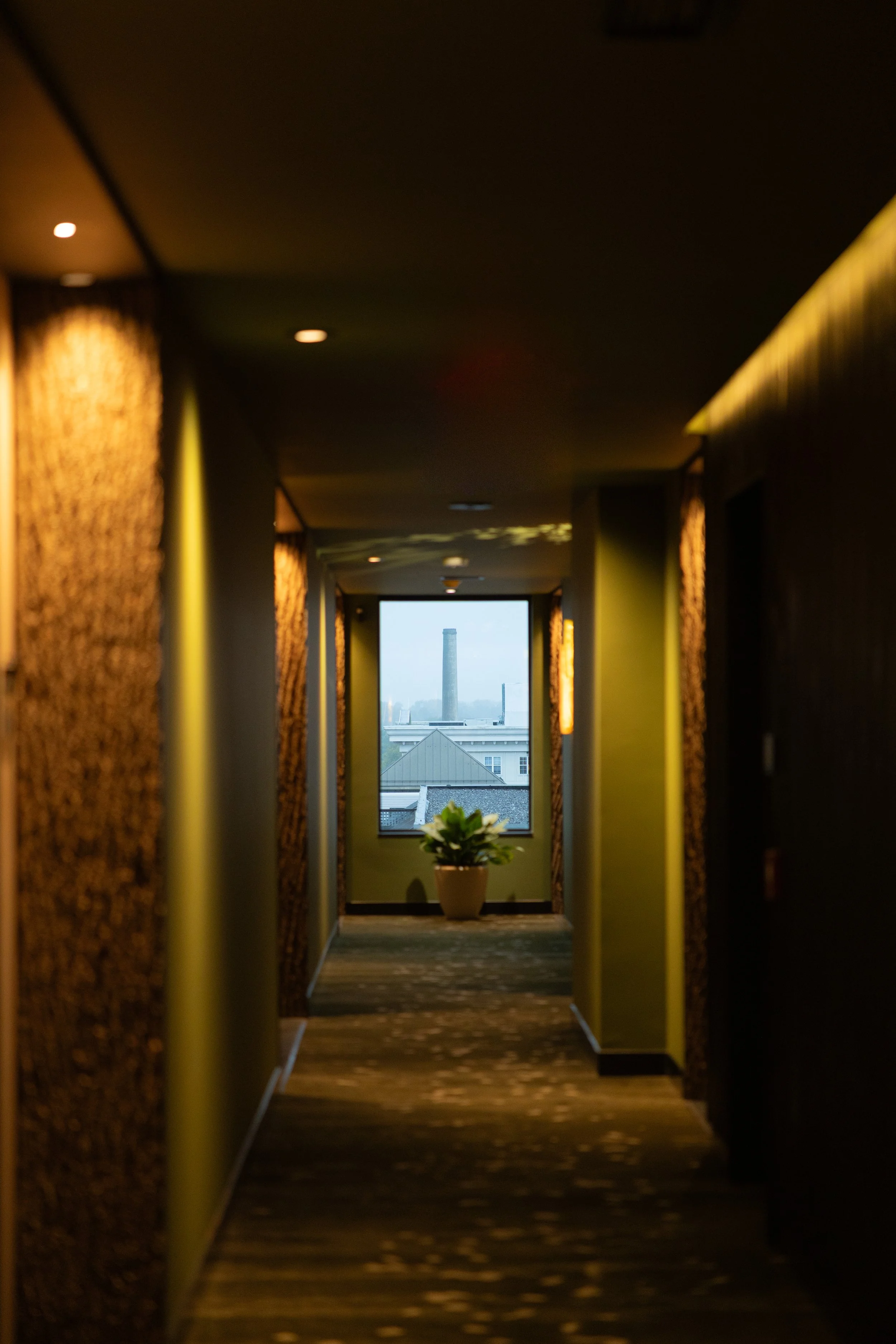 A long hallway with yellow walls and patterned curtains, leading to a window with a potted plant, overlooking rooftops and a factory chimney in the distance.