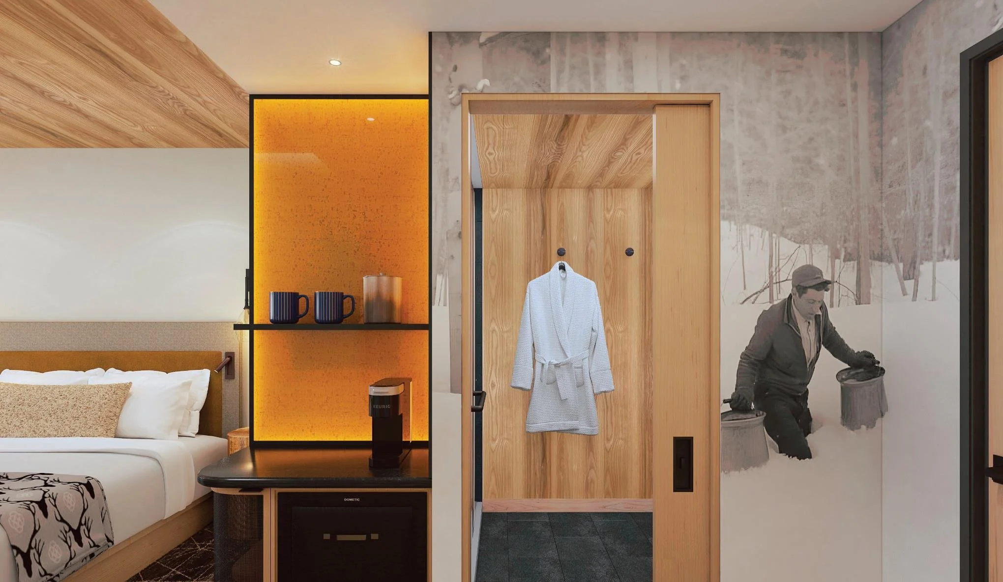 Interior of a modern room showing a bed with white and patterned black and white bedding, a wooden nightstand, a yellow illuminated accent wall with decorative mugs, and a wooden closet door with a white bathrobe hanging. To the right, a black-and-white mural of a person outdoors near snow and trees, and part of a window with a snowy landscape view.