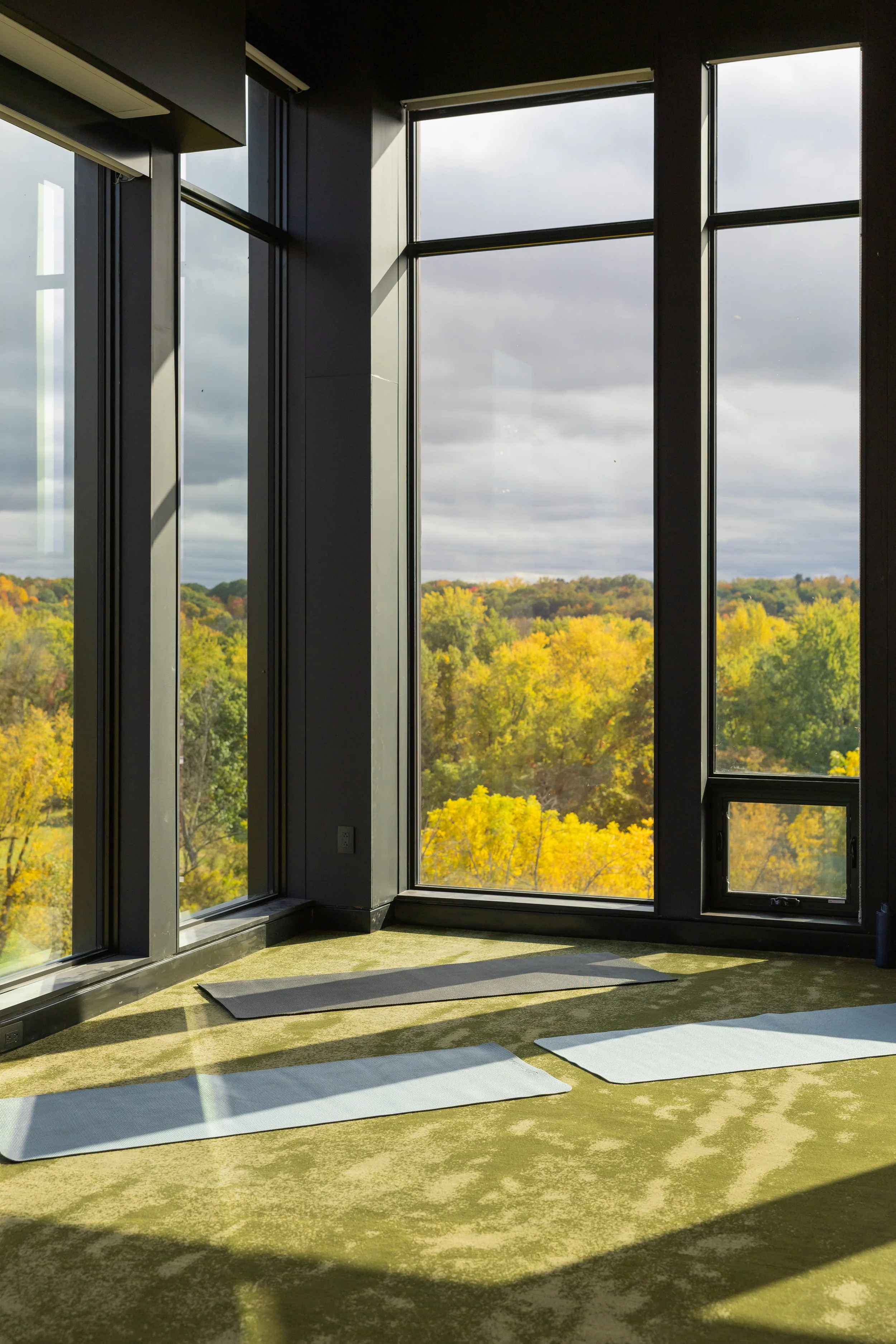 Yoga mats placed on a green carpeted floor in a room with large windows showing an autumn landscape with trees in fall colors and gray clouds.
