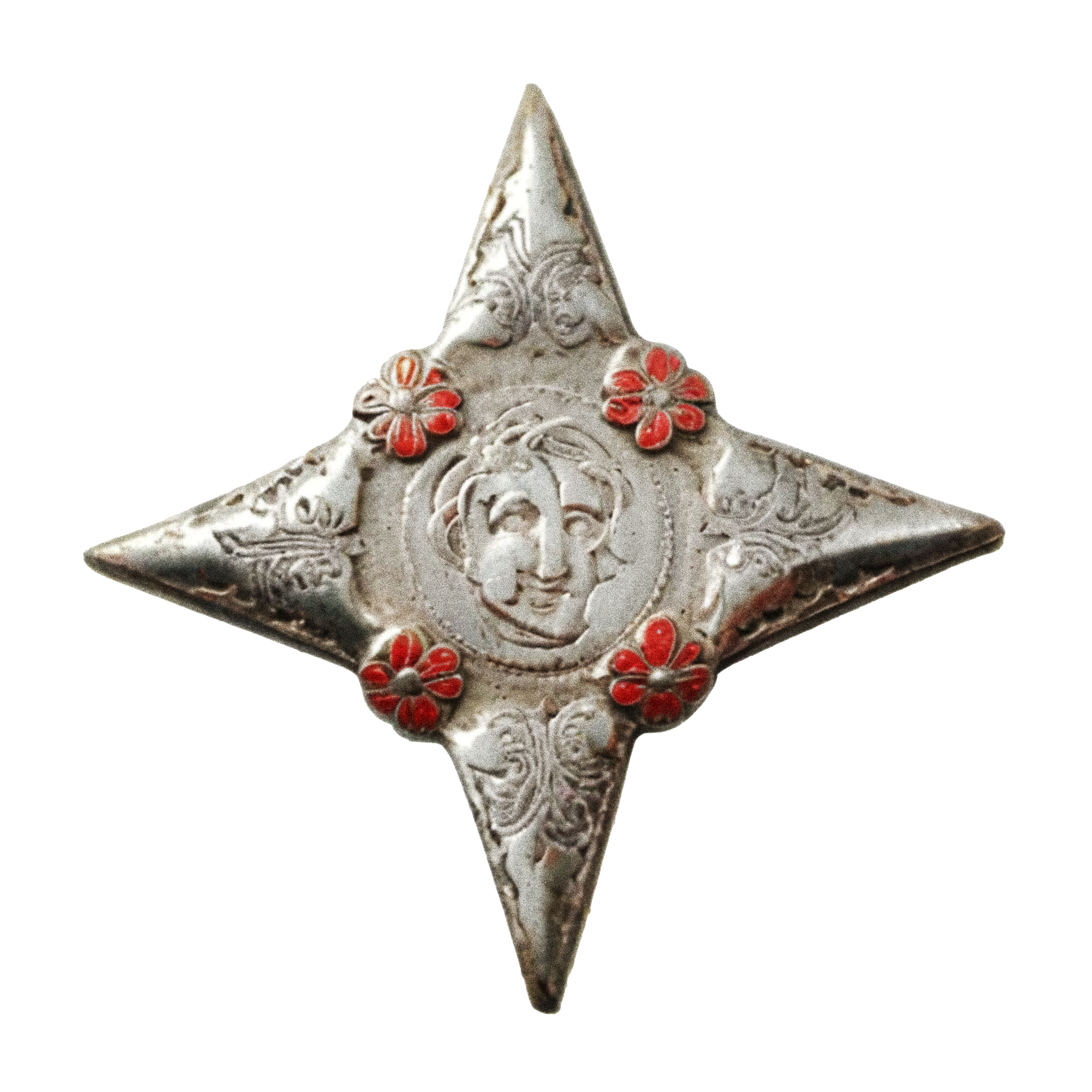 Decorative ceramic finial with floral and scroll patterns, featuring red flower accents on a cream-colored background.