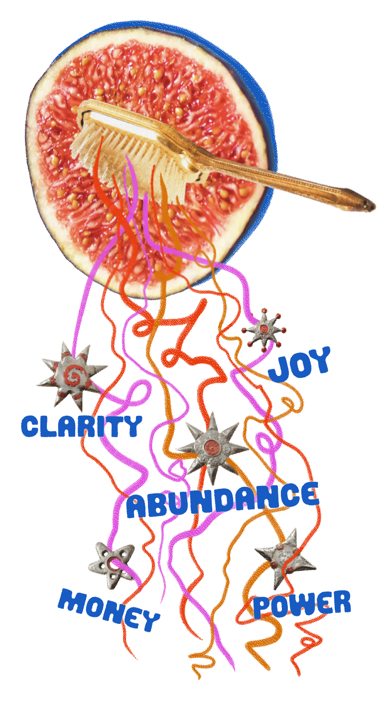 A halved pink grapefruit with a toothbrush on top, with colorful drawn lines, words like clarity, joy, abundance, power, money, and their stylized star-shaped decorations.